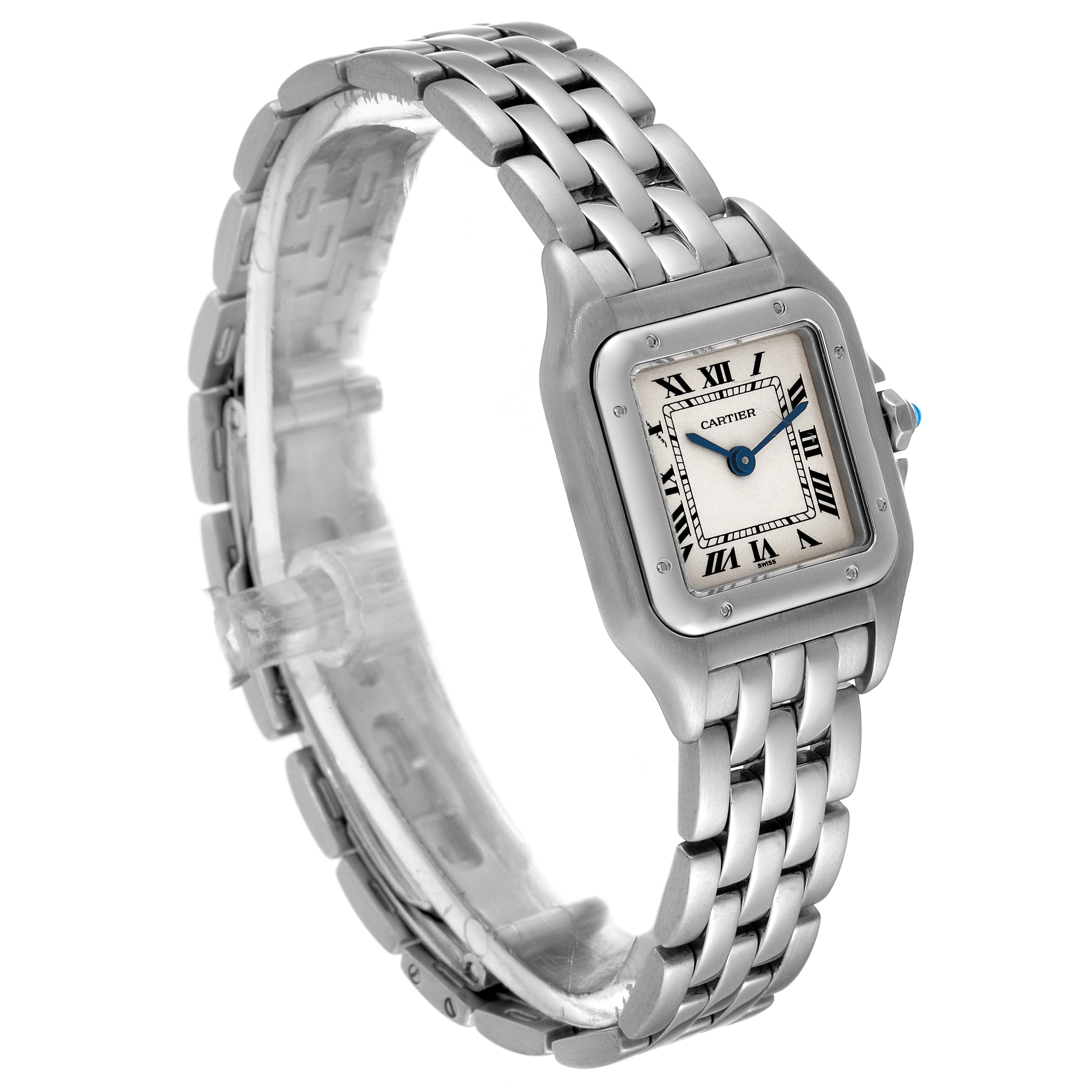 This image shows a Cartier Panthere W25033P5 Women's Stainless Steel Silver Dial W25033P5 Women's Stainless Steel Silver Dial watch from an angled view, displaying its face, bezel, and metal bracelet.