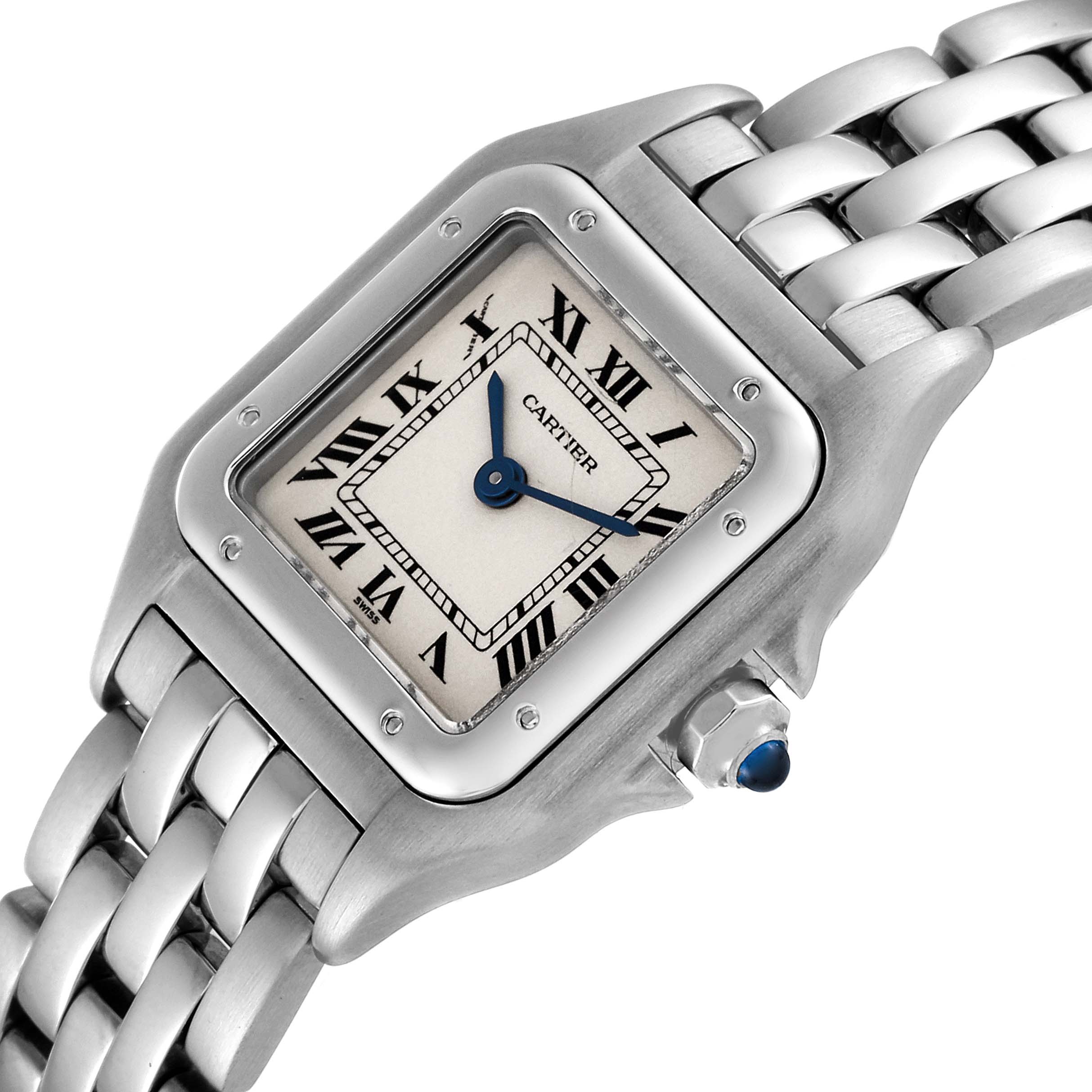 This image shows a close-up angled view of the Cartier Panthere W25033P5 Women's Stainless Steel Silver Dial W25033P5 Women's Stainless Steel Silver Dial model watch, highlighting the face, bezel, and part of the bracelet.