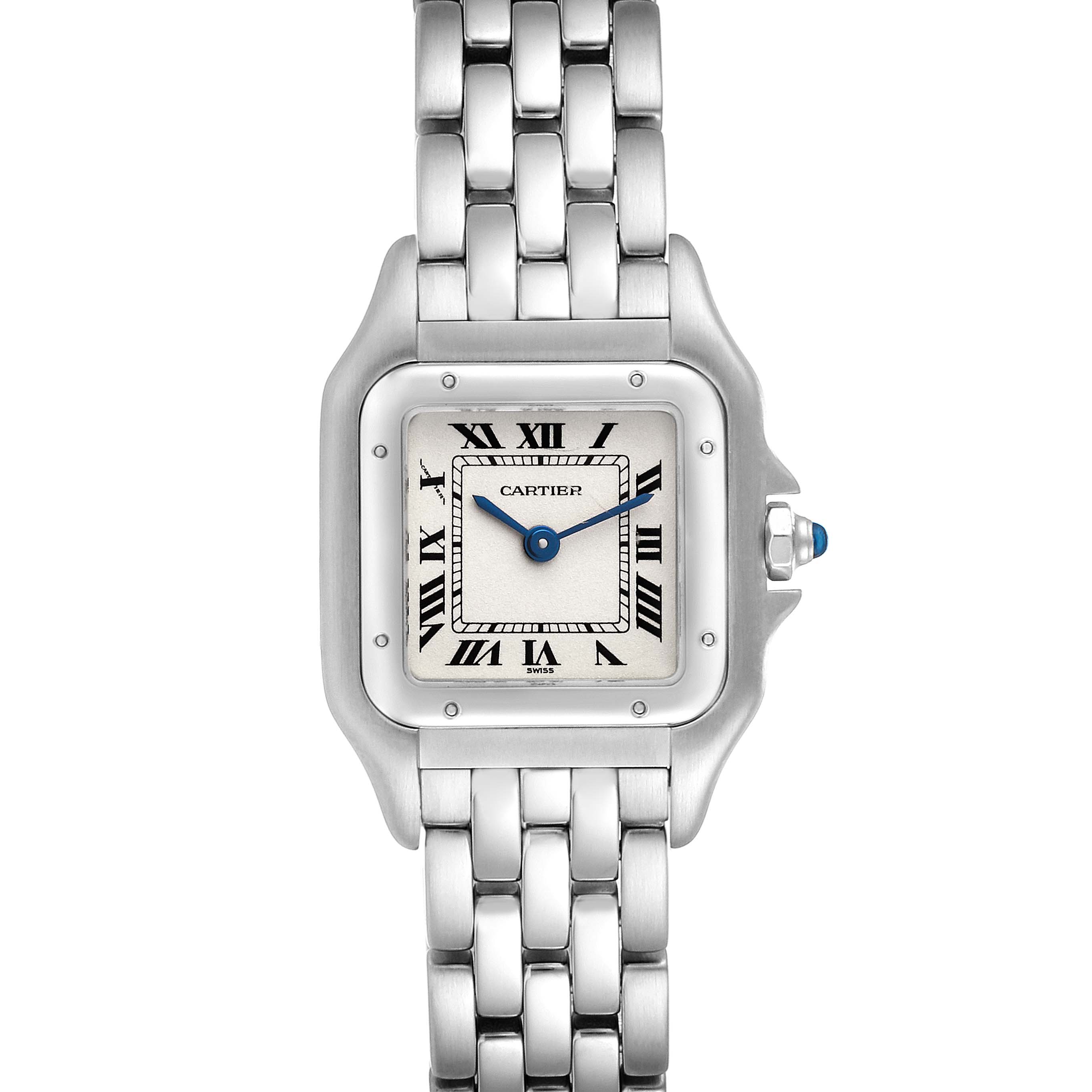 The image shows a front view of a Cartier Panthere W25033P5 Women's Stainless Steel Silver Dial W25033P5 Women's Stainless Steel Silver Dial watch, displaying its square face, Roman numerals, and metallic bracelet.