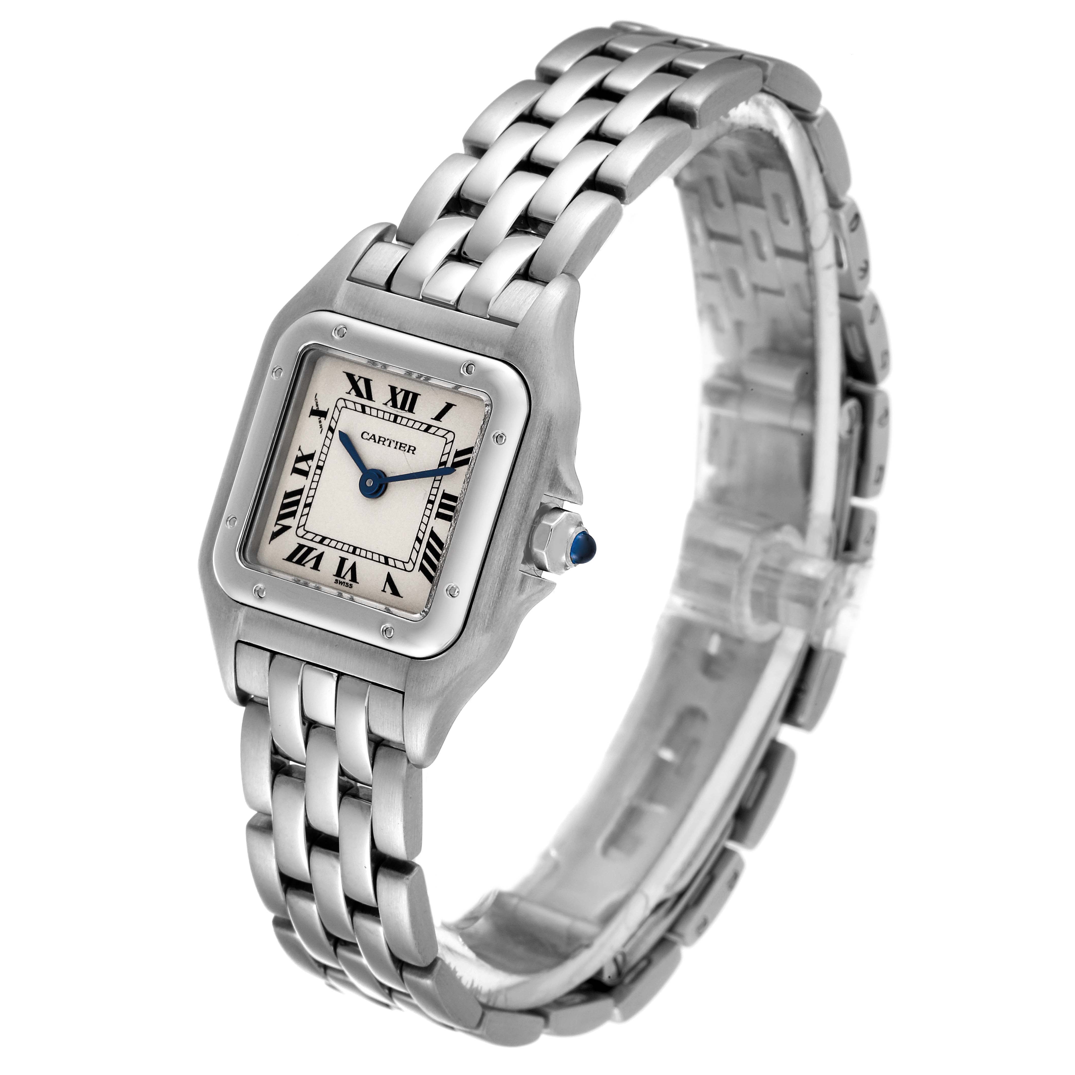 The Cartier Panthere W25033P5 Women's Stainless Steel Silver Dial W25033P5 Women's Stainless Steel Silver Dial watch is shown at an angled view, displaying the dial, bezel, bracelet, and crown with blue gem.