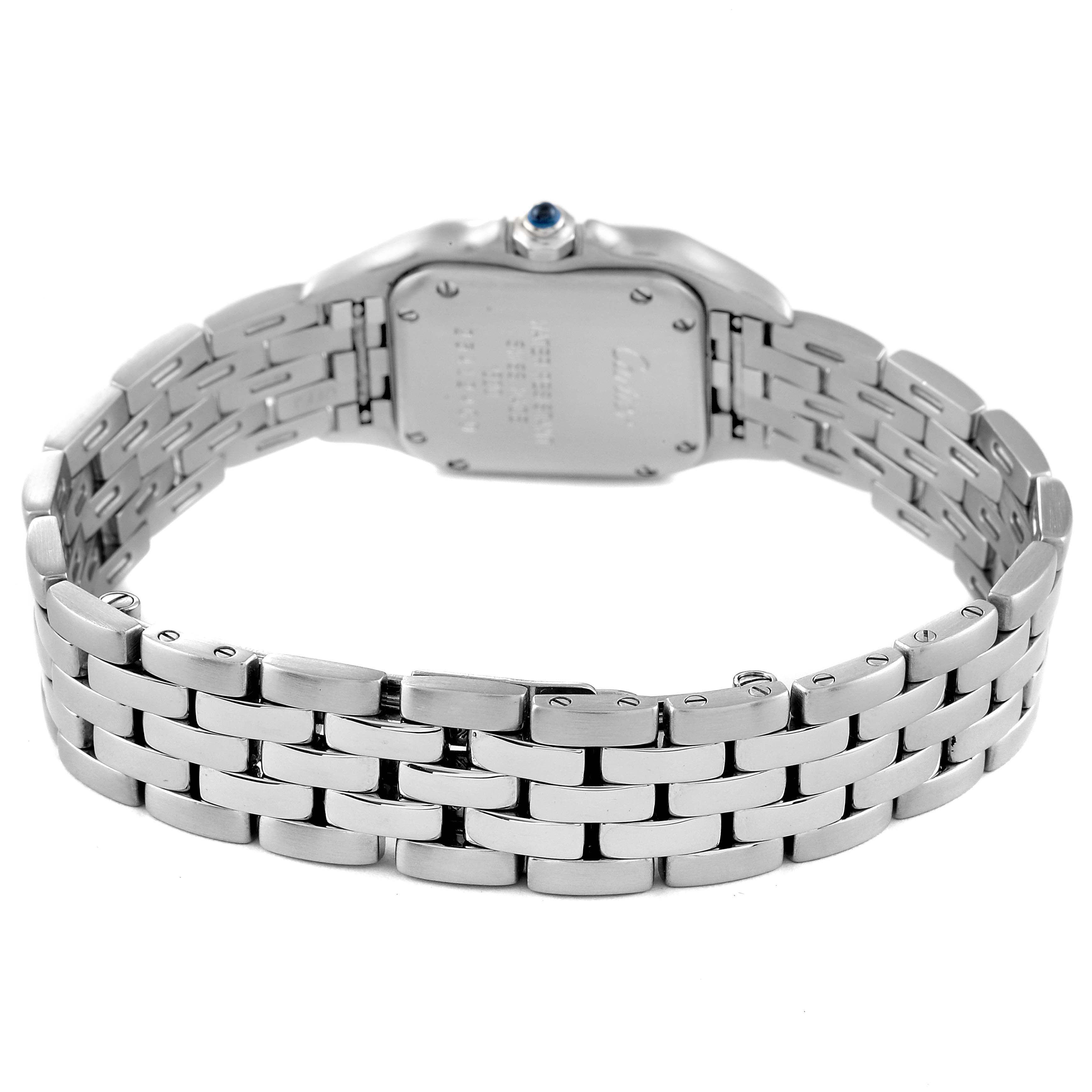 This image shows the back and bracelet of the Cartier Panthere W25033P5 Women's Stainless Steel Silver Dial W25033P5 Women's Stainless Steel Silver Dial watch, highlighting its metal links and clasp.