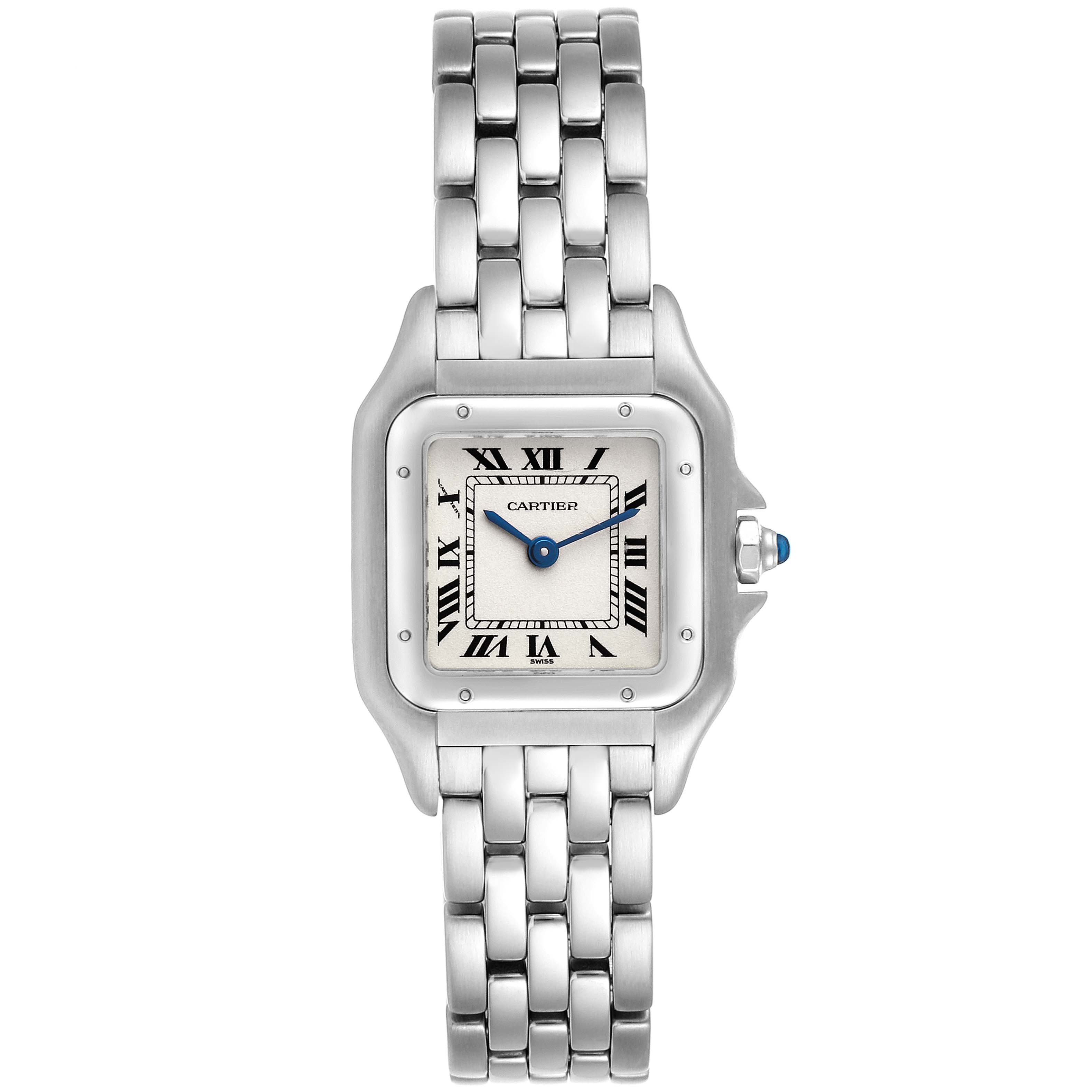 This image shows a front-facing view of a Panthere model by Cartier watch, displaying the dial, case, and bracelet.