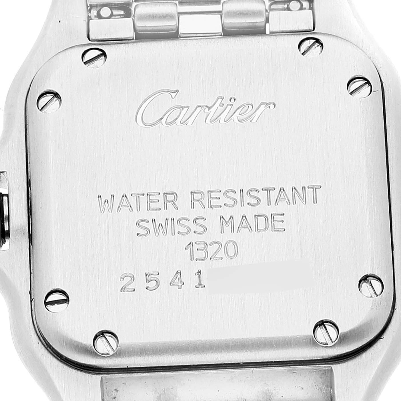 The image shows the case back of a Cartier Panthère model watch, indicating water resistance and Swiss made details.