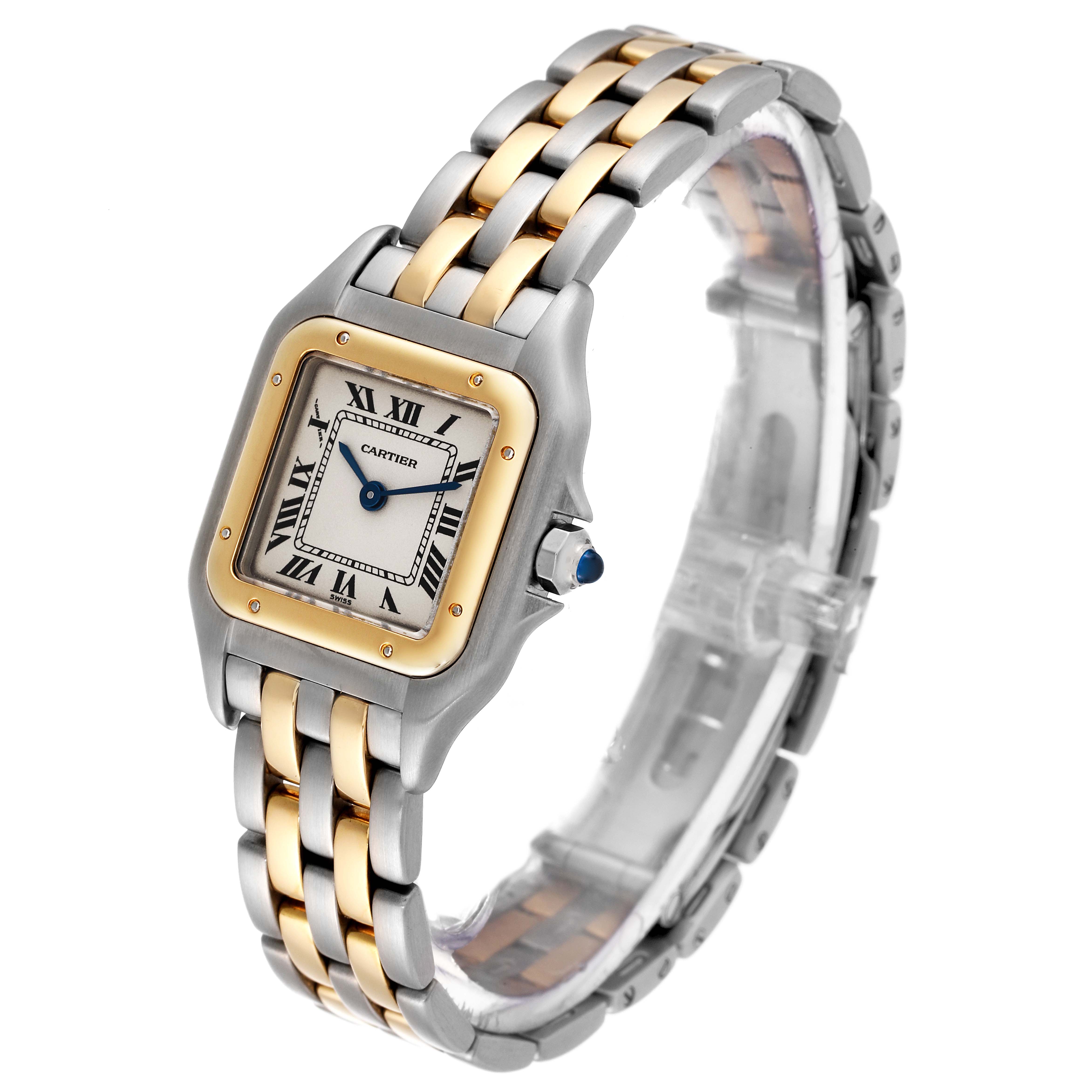 This image shows the Cartier Panthère watch at a three-quarter angle, highlighting its gold and stainless steel parts.
