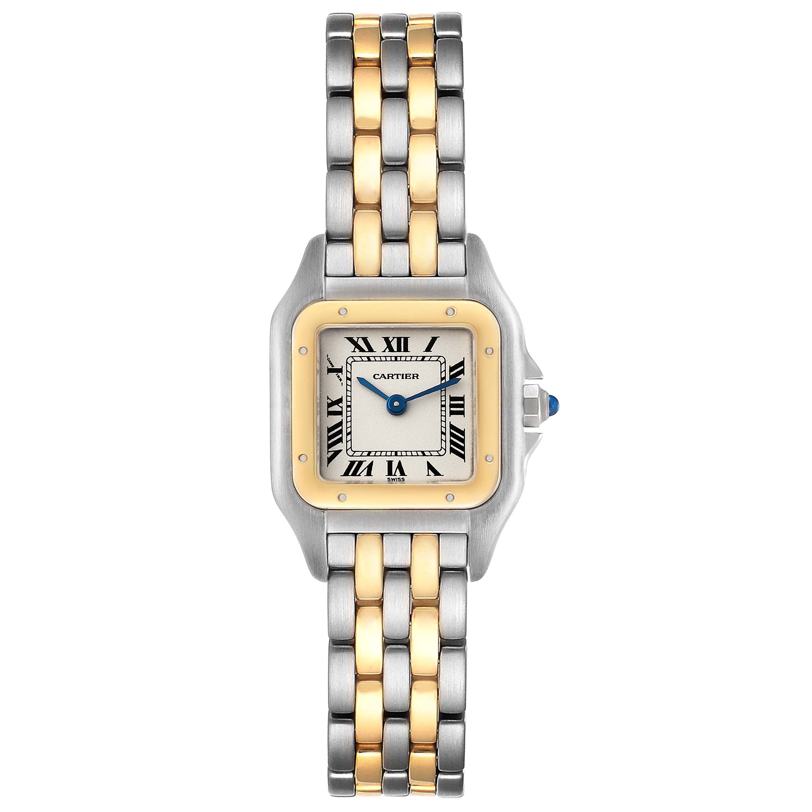 The image shows a Cartier Panthère model watch with a front view, highlighting its gold and silver bracelet and square dial.