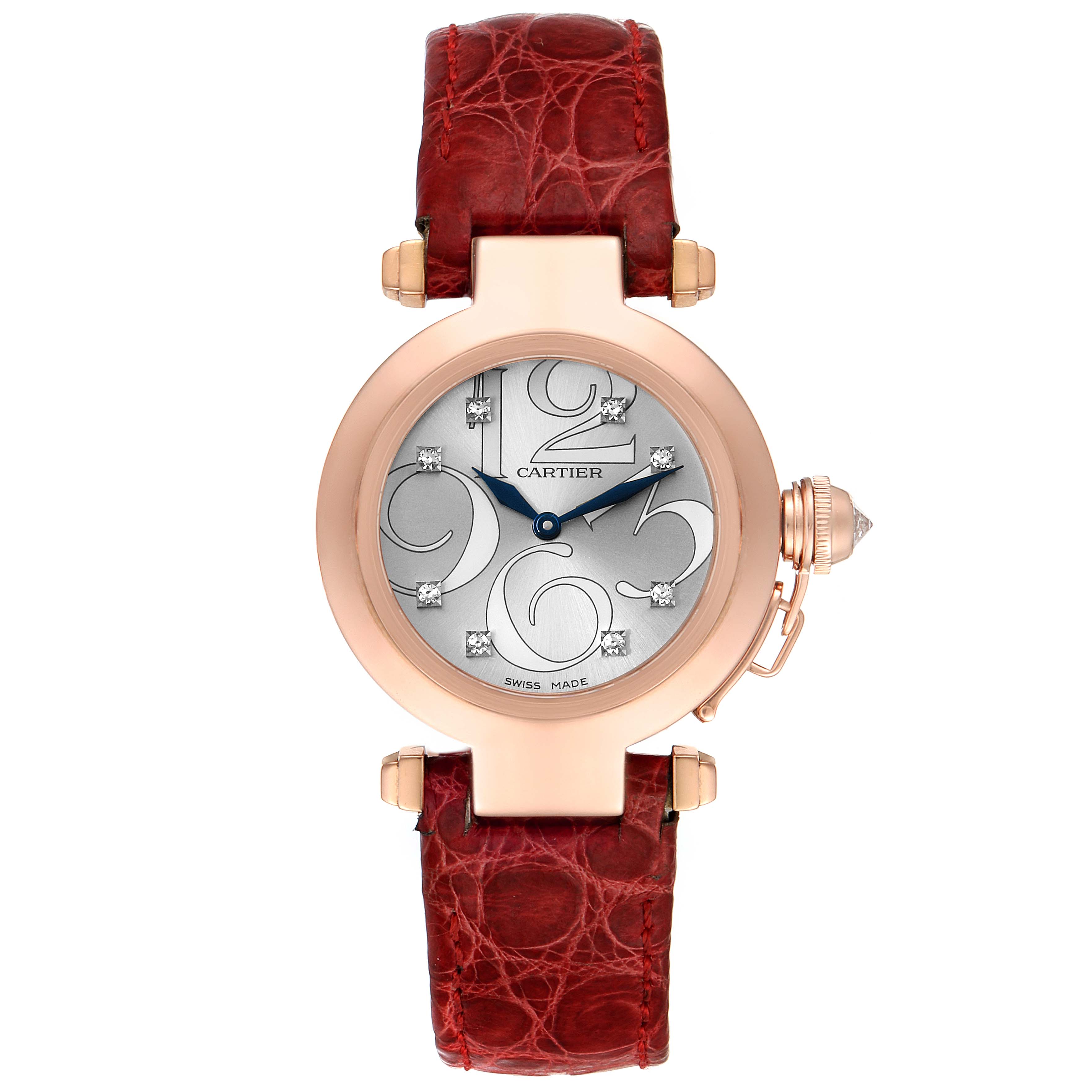 The image shows a front view of the Cartier Pasha WJ123021 Women's Rose Gold Silver Dial WJ123021 Women's Rose Gold Silver Dial watch, highlighting its dial, case, and leather strap.