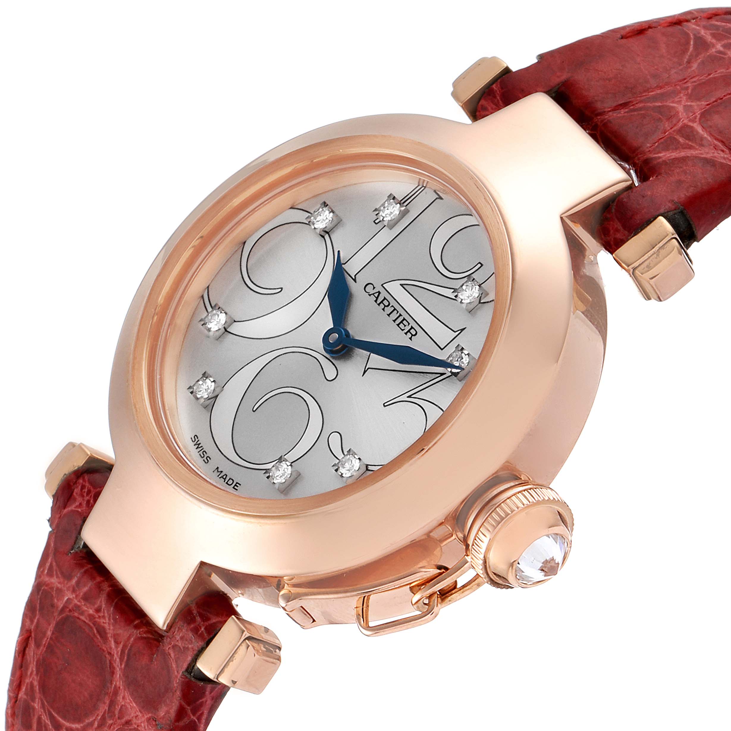 The image shows a close-up of the Cartier Pasha WJ123021 Women's Rose Gold Silver Dial WJ123021 Women's Rose Gold Silver Dial watch, focusing on its dial, crown, and part of the red strap.