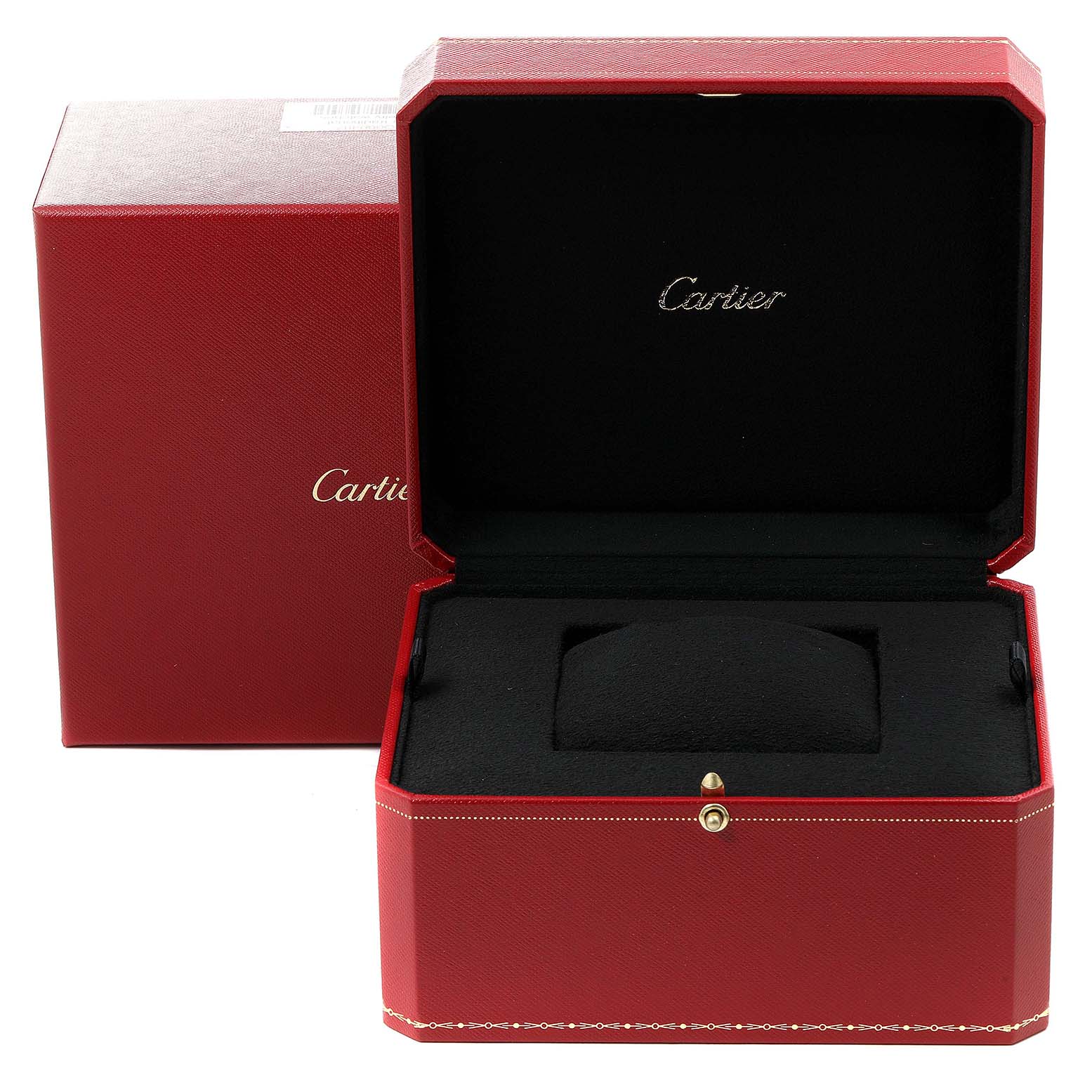 The image shows the opened red Cartier box for the Pasha model watch, with its cushion and outer box.