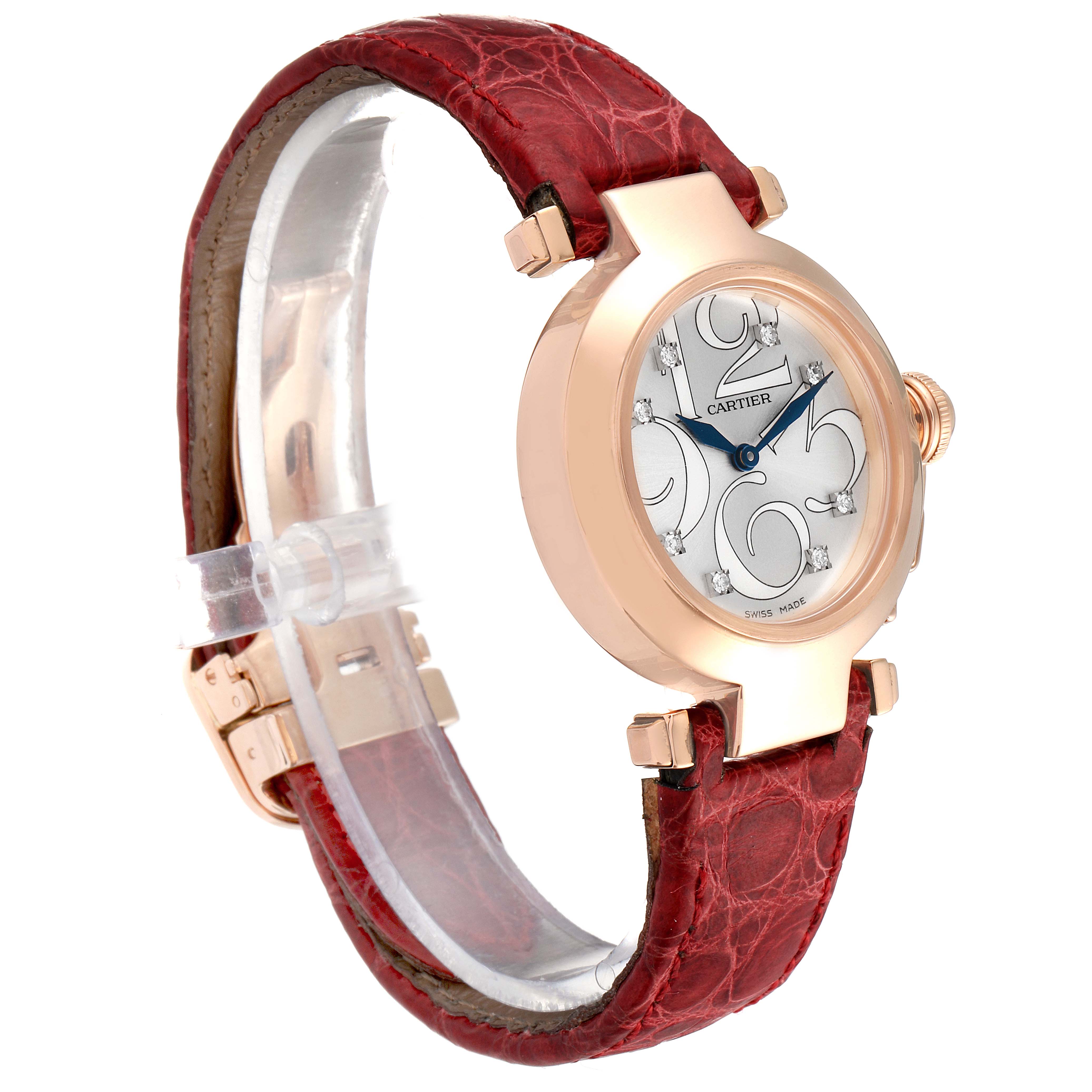The image showcases a Cartier Pasha WJ123021 Women's Rose Gold Silver Dial WJ123021 Women's Rose Gold Silver Dial watch from a slight side angle, highlighting the dial, case, crown, and red leather strap.