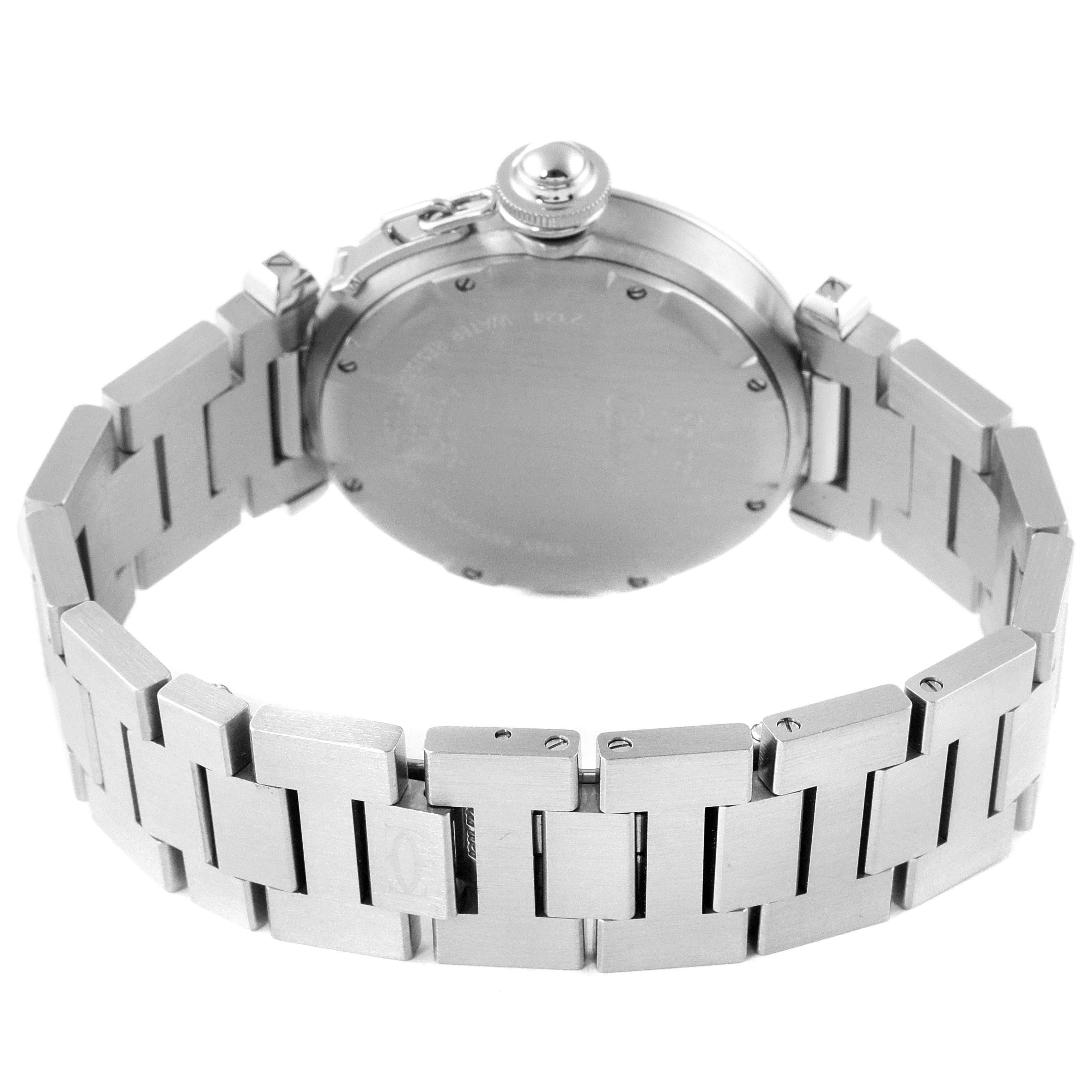 This image shows the backside and bracelet of a Cartier Pasha W31076M7 Women's Stainless Steel Black Dial W31076M7 Women's Stainless Steel Black Dial watch, highlighting the clasp and case back.