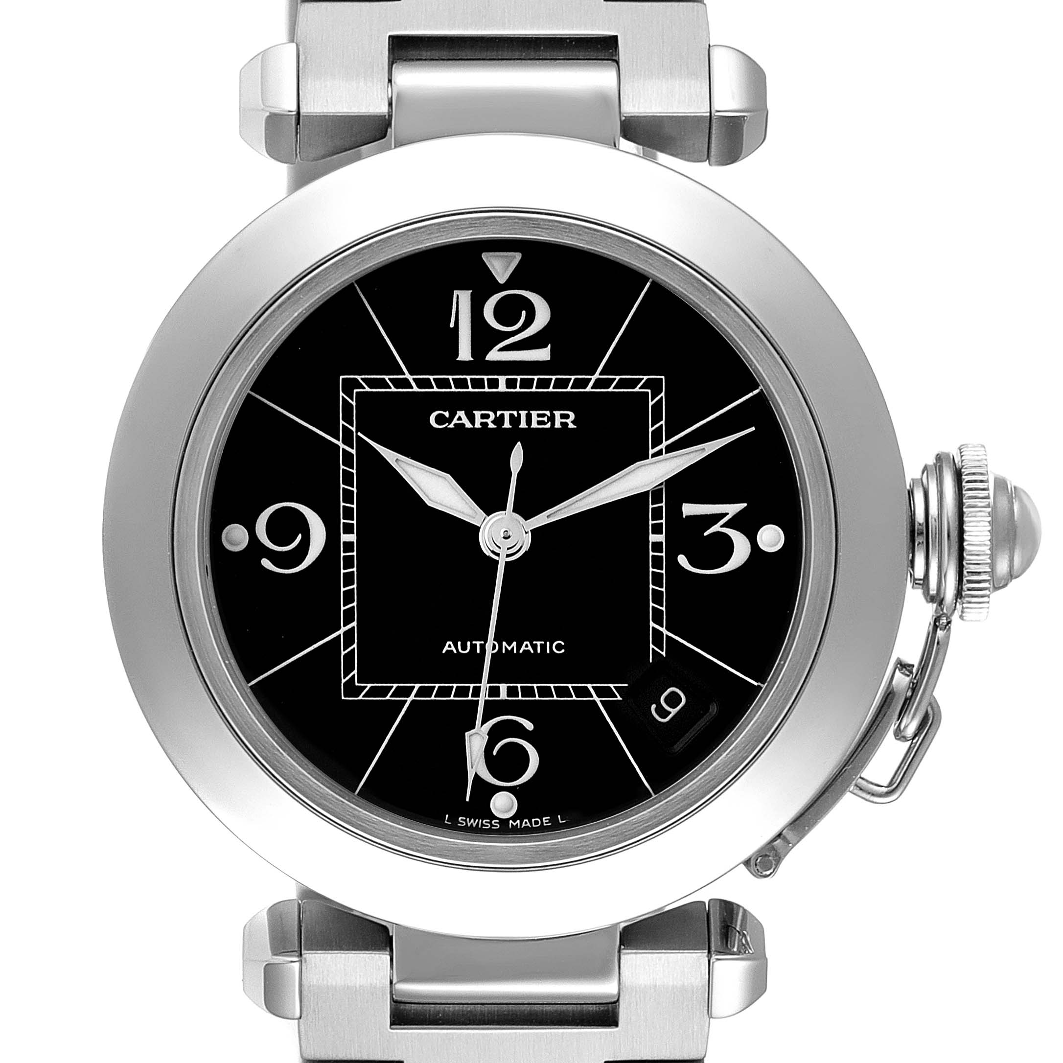 The Cartier Pasha W31076M7 Women's Stainless Steel Black Dial W31076M7 Women's Stainless Steel Black Dial watch is shown from a front angle, displaying its dial, bezel, crown, and part of the strap.
