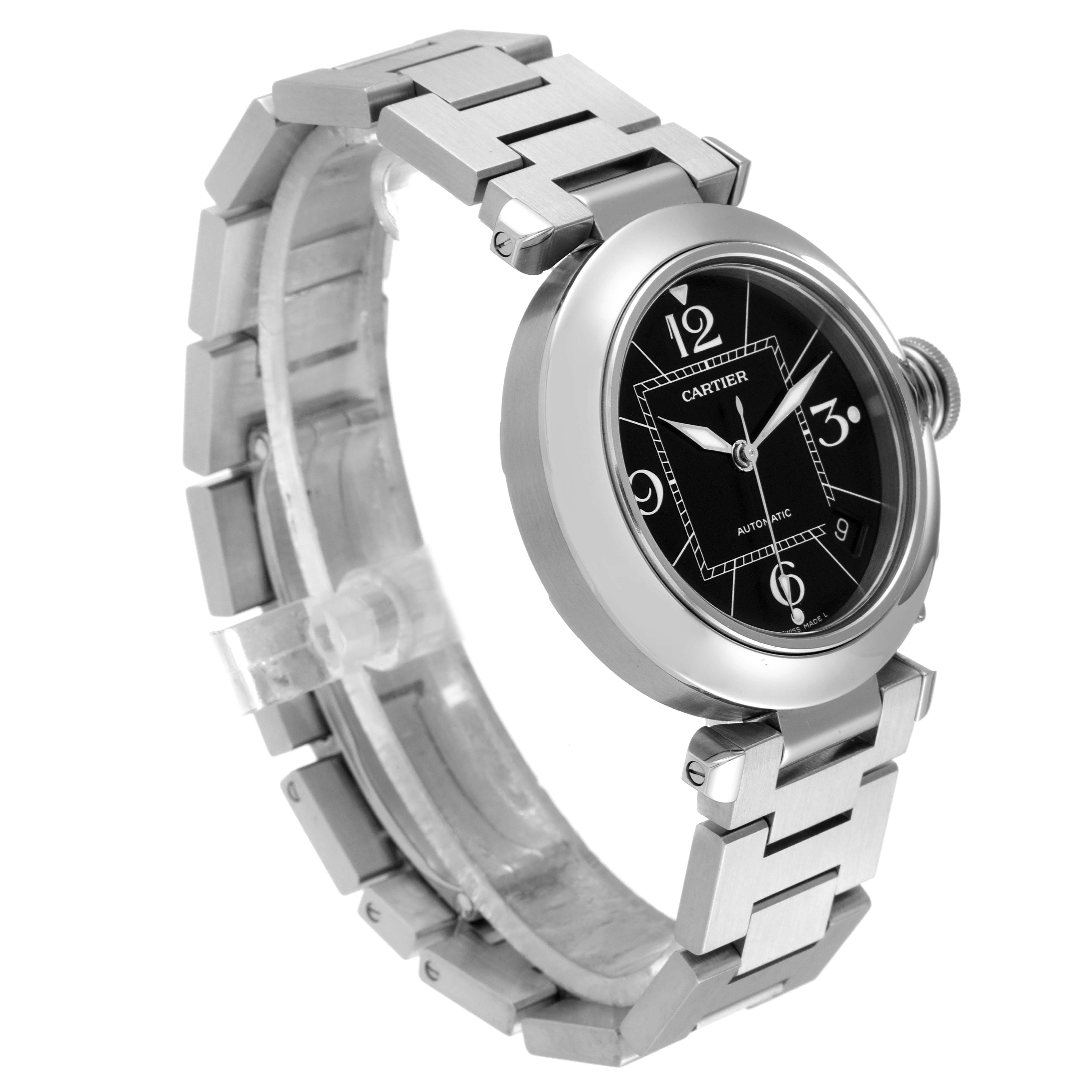 The image shows a Cartier Pasha W31076M7 Women's Stainless Steel Black Dial W31076M7 Women's Stainless Steel Black Dial watch from a three-quarter angle, highlighting the face, bezel, and bracelet.