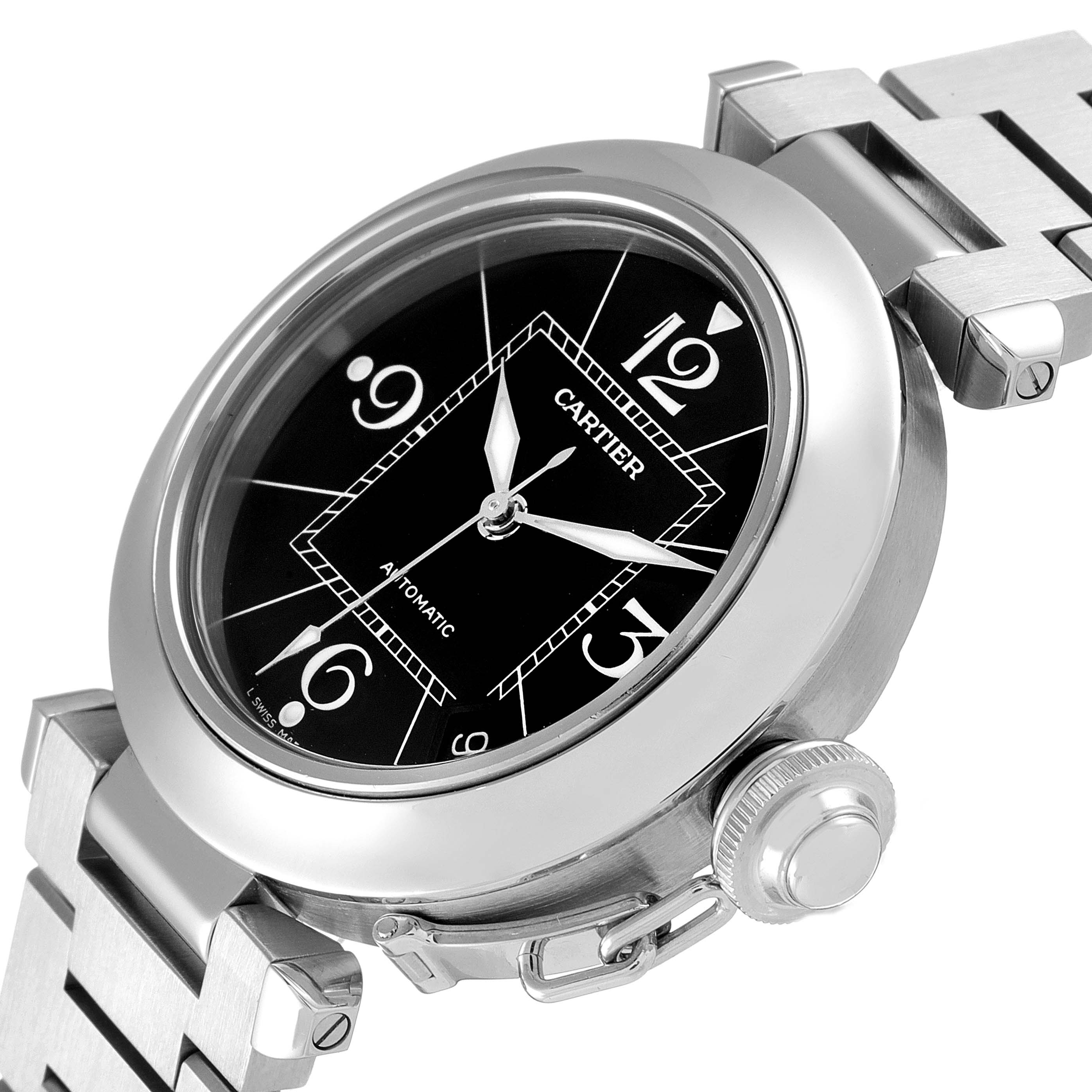 The image shows a close-up of a Cartier Pasha W31076M7 Women's Stainless Steel Black Dial W31076M7 Women's Stainless Steel Black Dial watch with a black dial, silver case, and partial metal bracelet from an angled view.