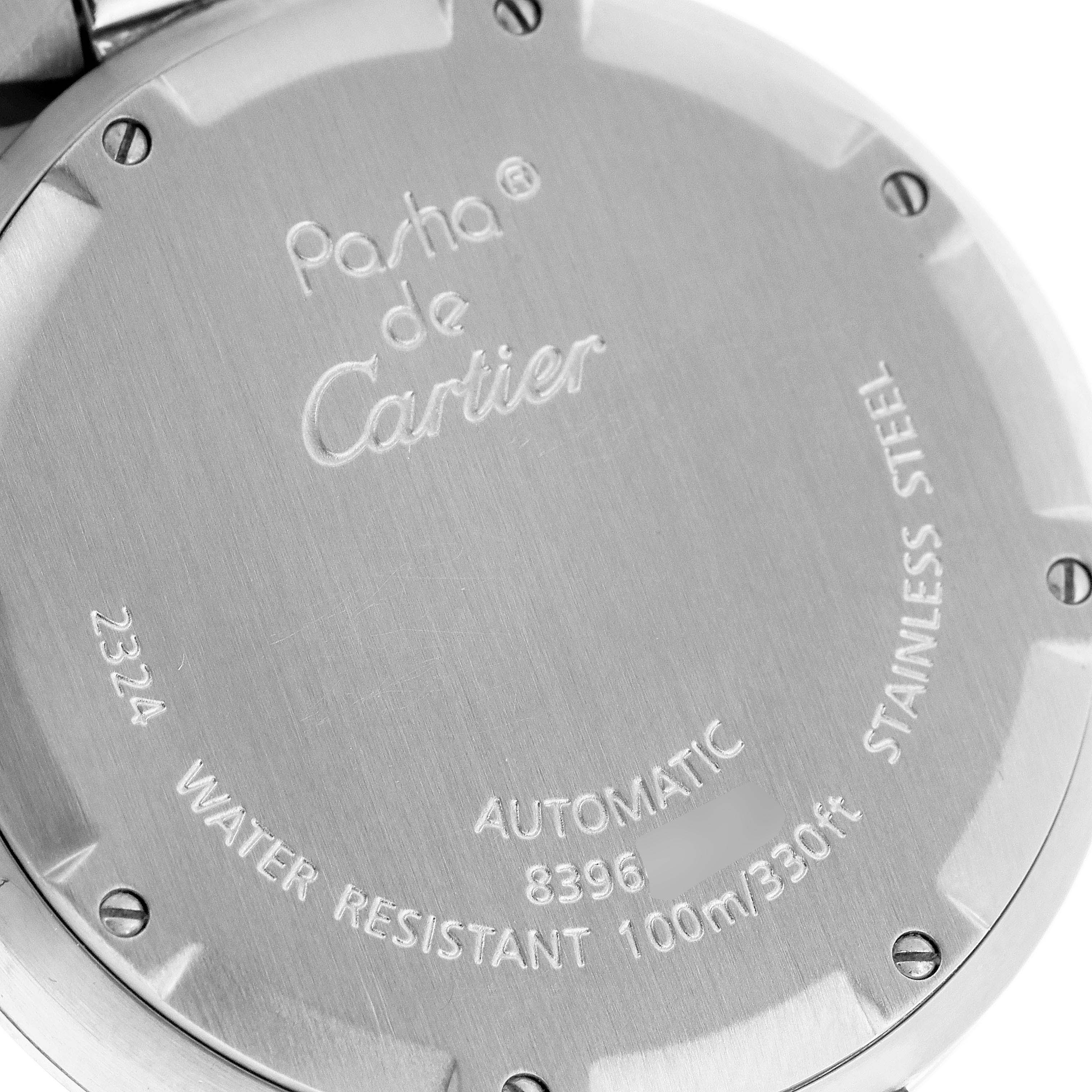 The image shows the back case of a Cartier Pasha W31076M7 Women's Stainless Steel Black Dial W31076M7 Women's Stainless Steel Black Dial watch, highlighting its stainless steel construction and specifications.