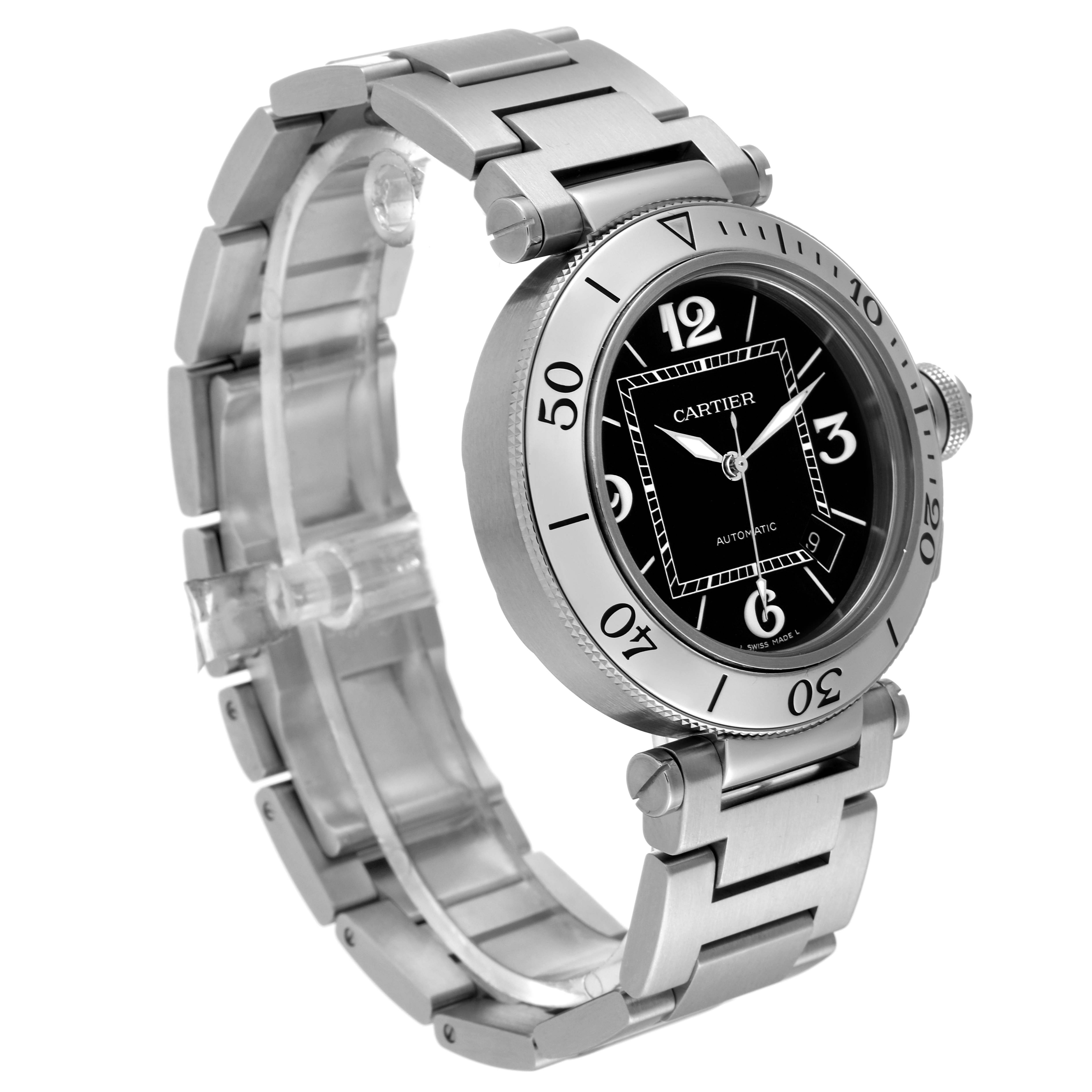 The Cartier Pasha W31077M7 Men
s Stainless Steel Black Dial W31077M7 Men
s Stainless Steel Black Dial watch is shown at a three-quarter angle, displaying the face, bracelet, and side crown.