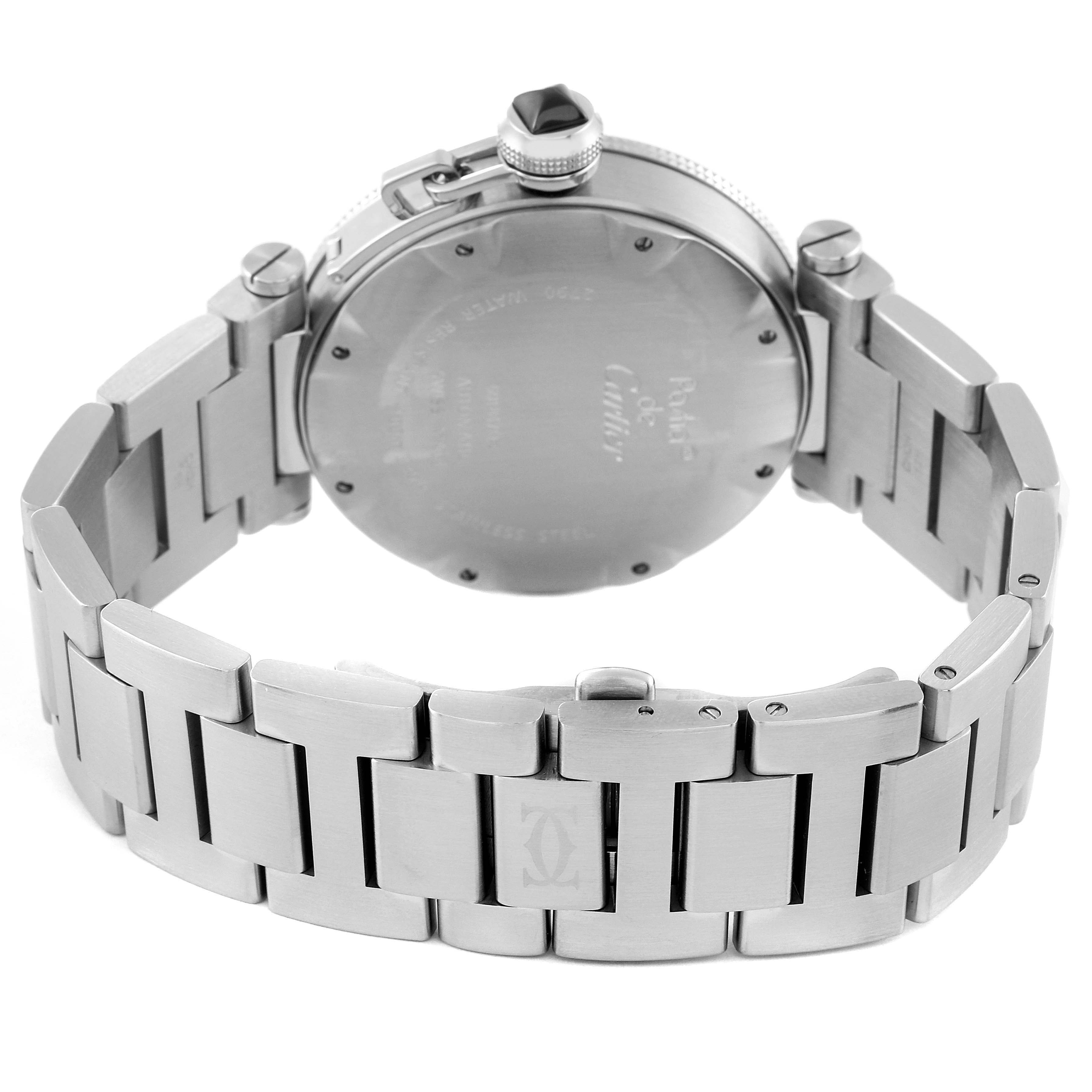 The image shows the back view of a Cartier Pasha W31077M7 Men
s Stainless Steel Black Dial W31077M7 Men
s Stainless Steel Black Dial watch, including the case back and stainless steel bracelet.