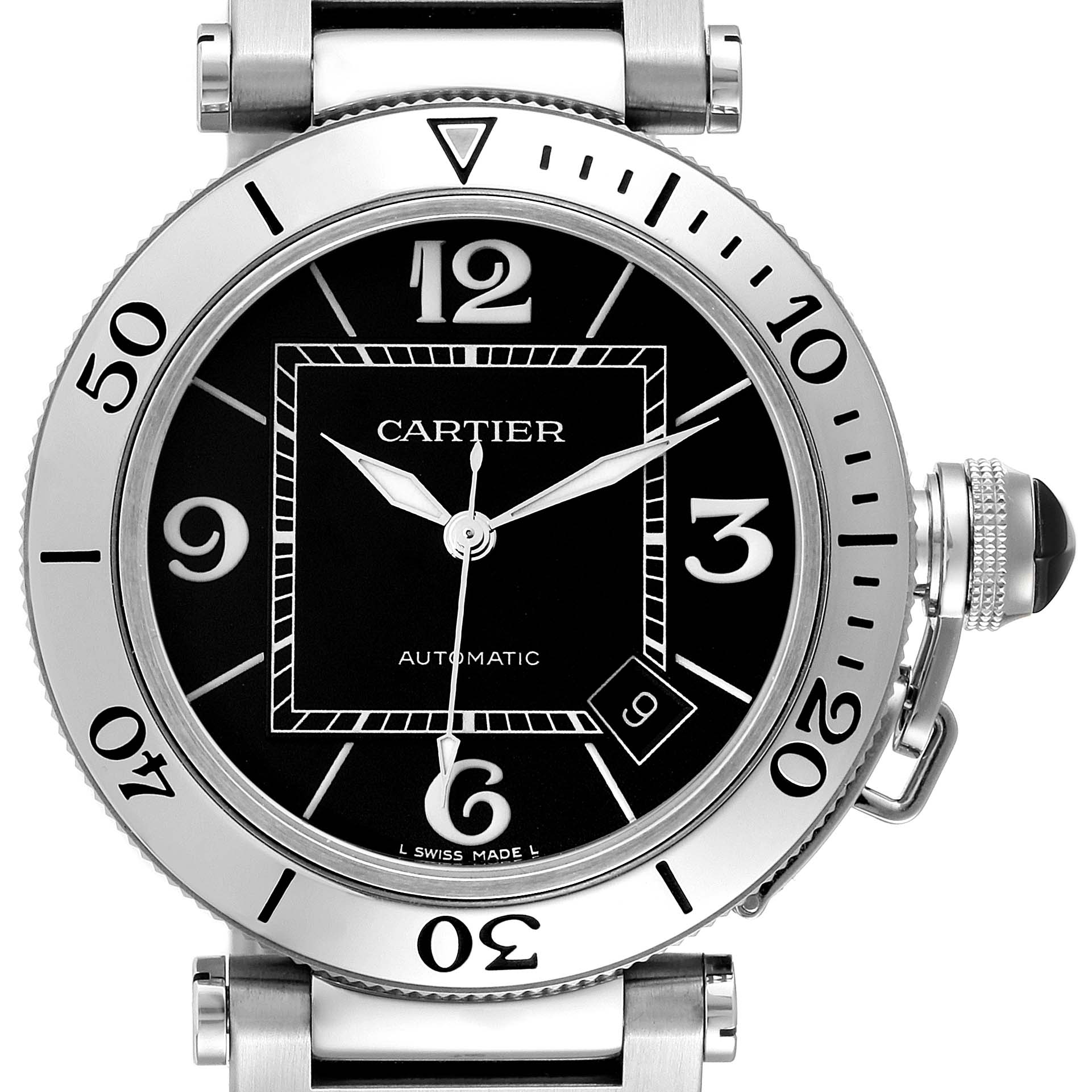 The image features a front view of a Cartier Pasha W31077M7 Men
s Stainless Steel Black Dial W31077M7 Men
s Stainless Steel Black Dial model watch, showcasing its dial, bezel, and crown.