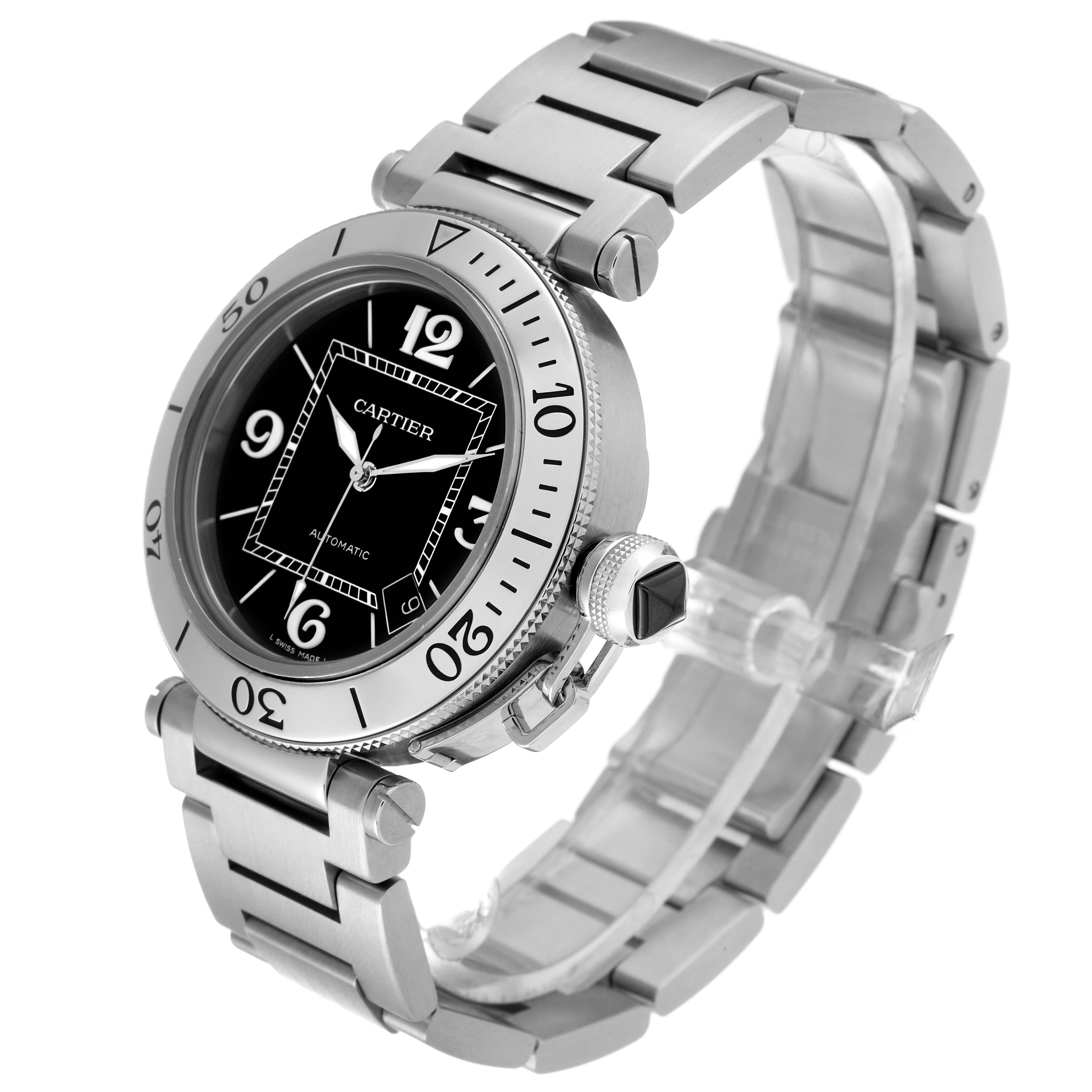 The image shows a Cartier Pasha W31077M7 Men
s Stainless Steel Black Dial W31077M7 Men
s Stainless Steel Black Dial watch angled from the front-left, displaying the dial, bezel, crown, and bracelet.