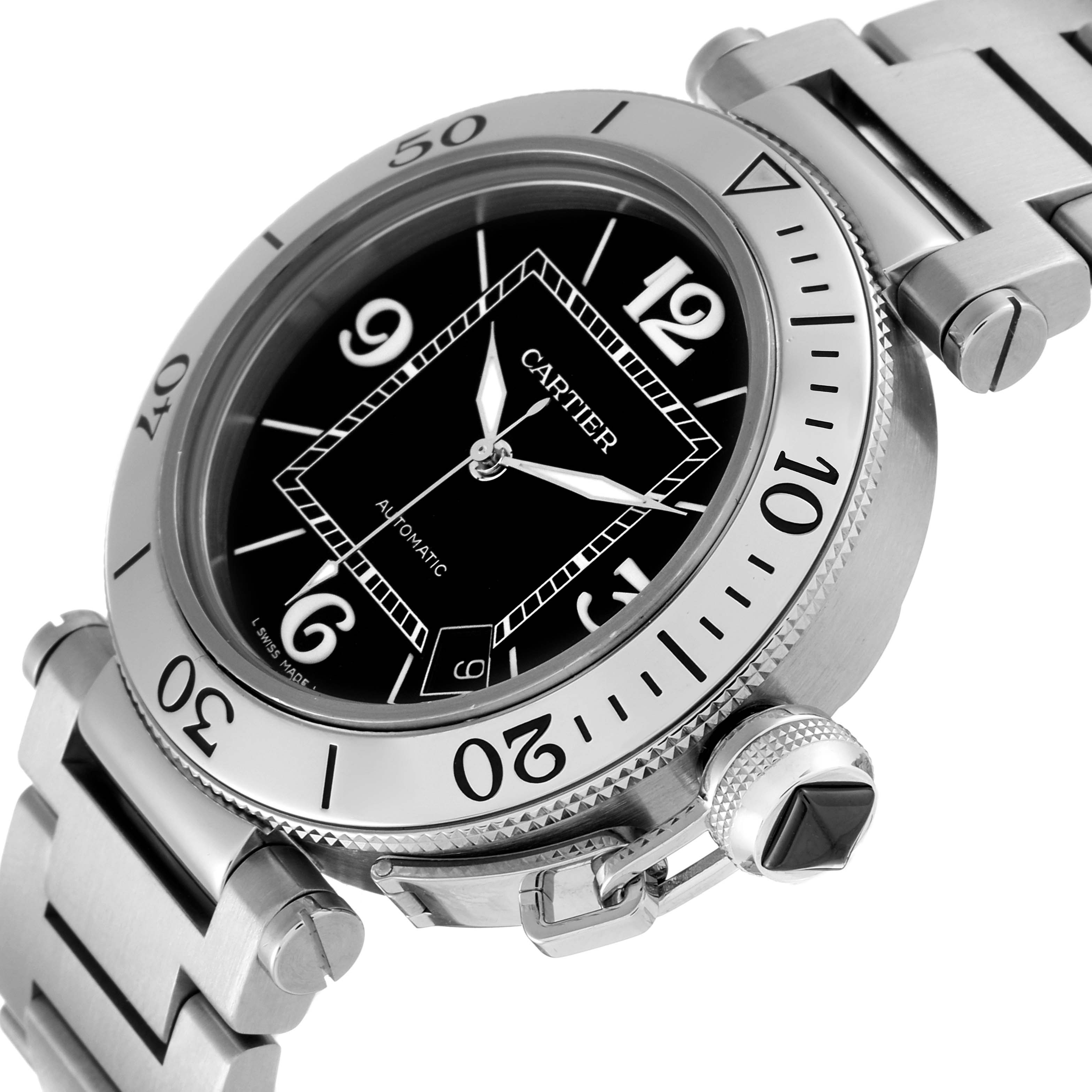The image shows a Cartier Pasha W31077M7 Men
s Stainless Steel Black Dial W31077M7 Men
s Stainless Steel Black Dial watch at an angle highlighting the bezel, dial, crown, and part of the bracelet.