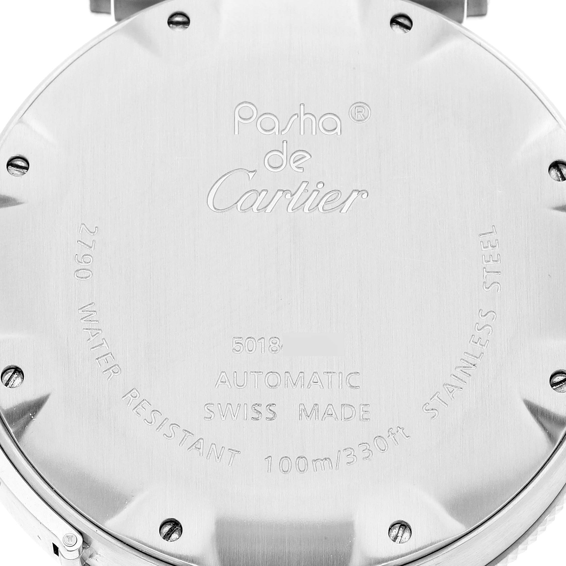 The image shows the back case of the Pasha de Cartier watch, highlighting its details and engravings.
