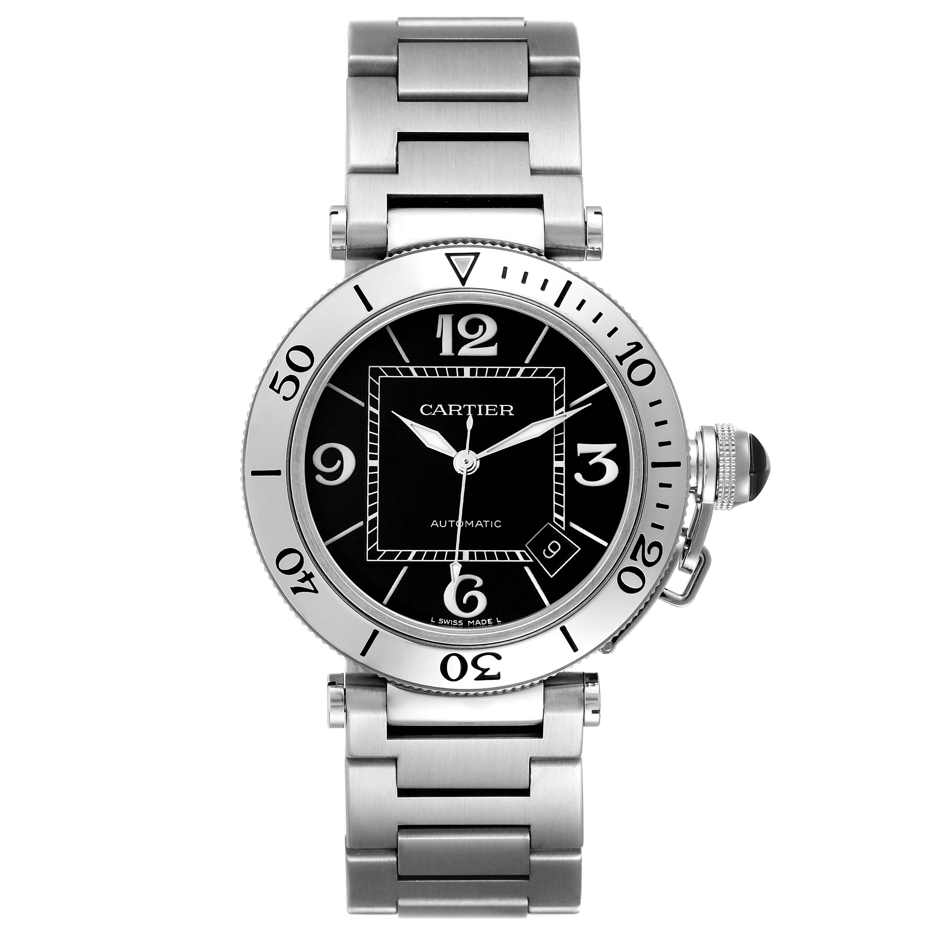 The image shows a front view of the Cartier Pasha W31077M7 Men
s Stainless Steel Black Dial W31077M7 Men
s Stainless Steel Black Dial model watch, highlighting its face, bezel, and metal bracelet.