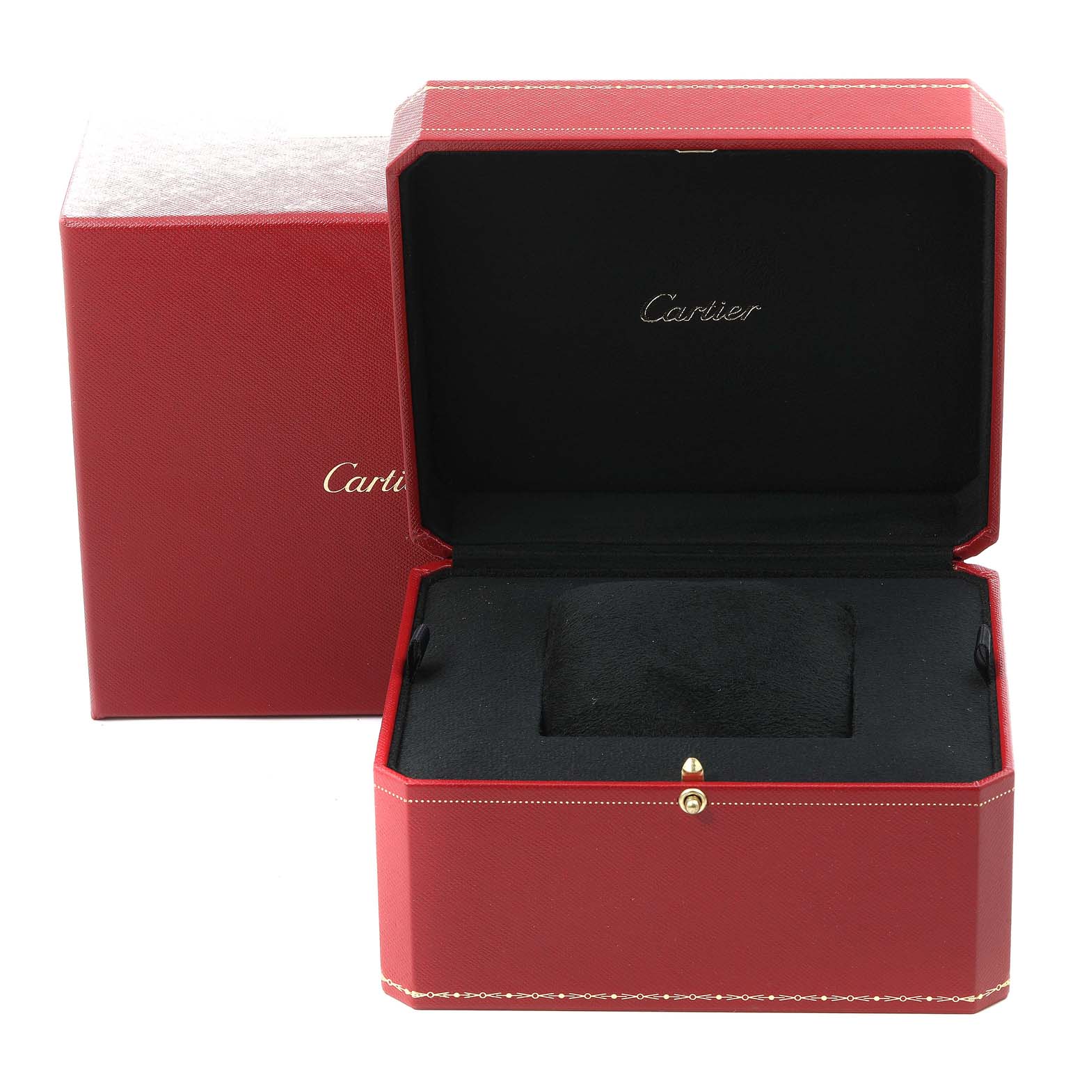 This image shows an open red Cartier box for the Roadster model, revealing its black interior.