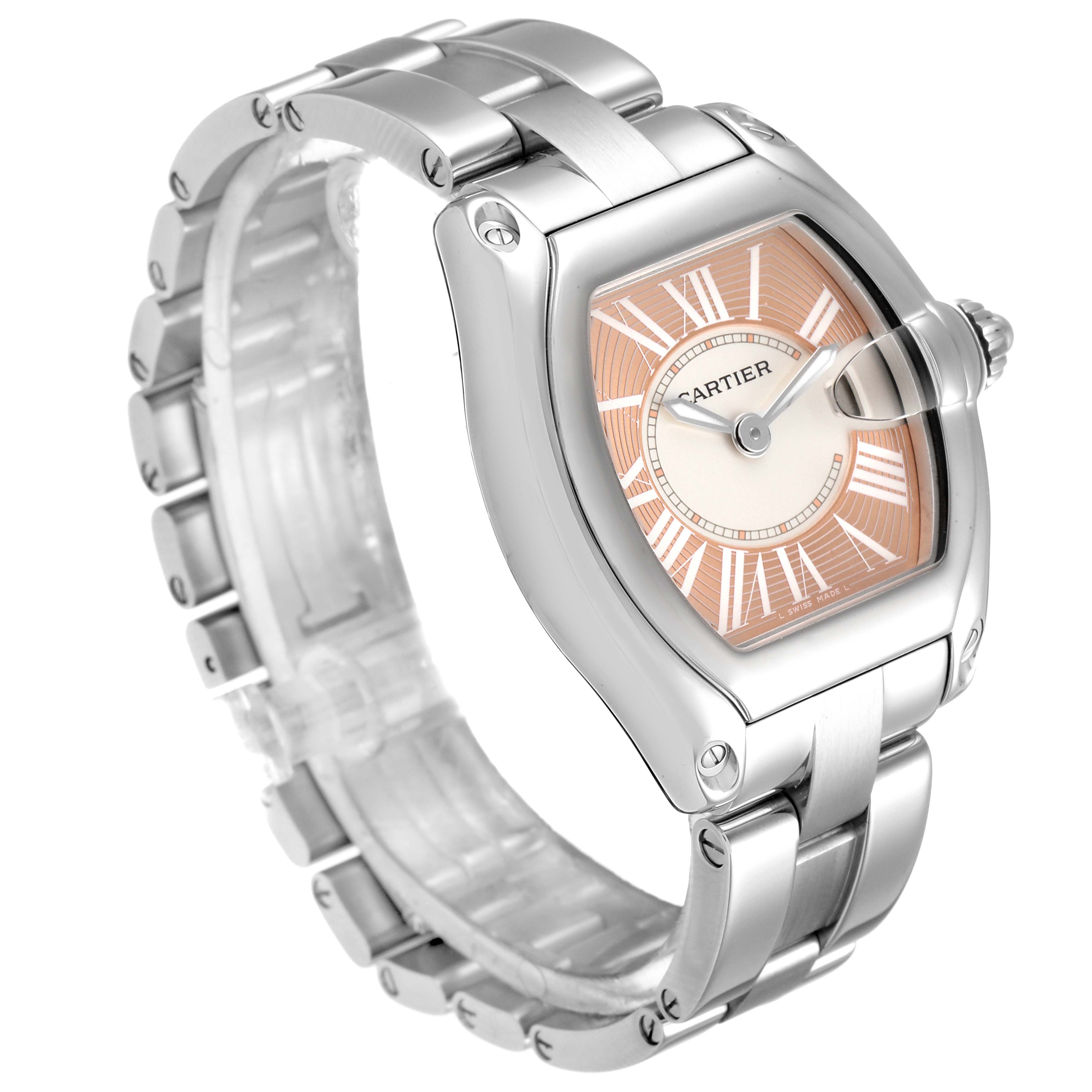 The image shows a Cartier Roadster W62054V3 Women
s Stainless Steel Pink Dial W62054V3 Women
s Stainless Steel Pink Dial watch at a three-quarter angle, highlighting the face, bezel, and metal bracelet.