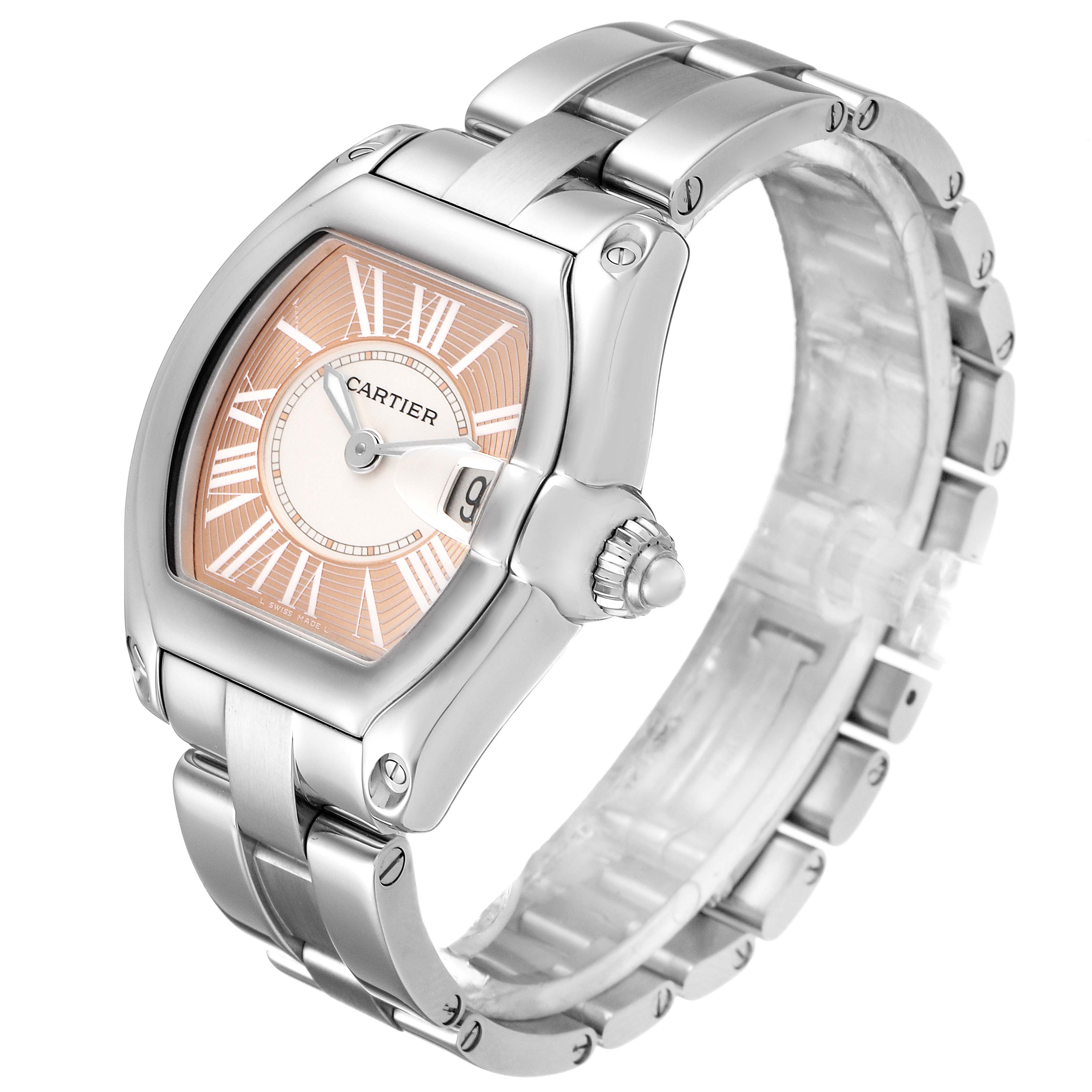 The image shows the front and side angle of a Cartier Roadster W62054V3 Women
s Stainless Steel Pink Dial W62054V3 Women
s Stainless Steel Pink Dial watch, highlighting its face, crown, and bracelet.