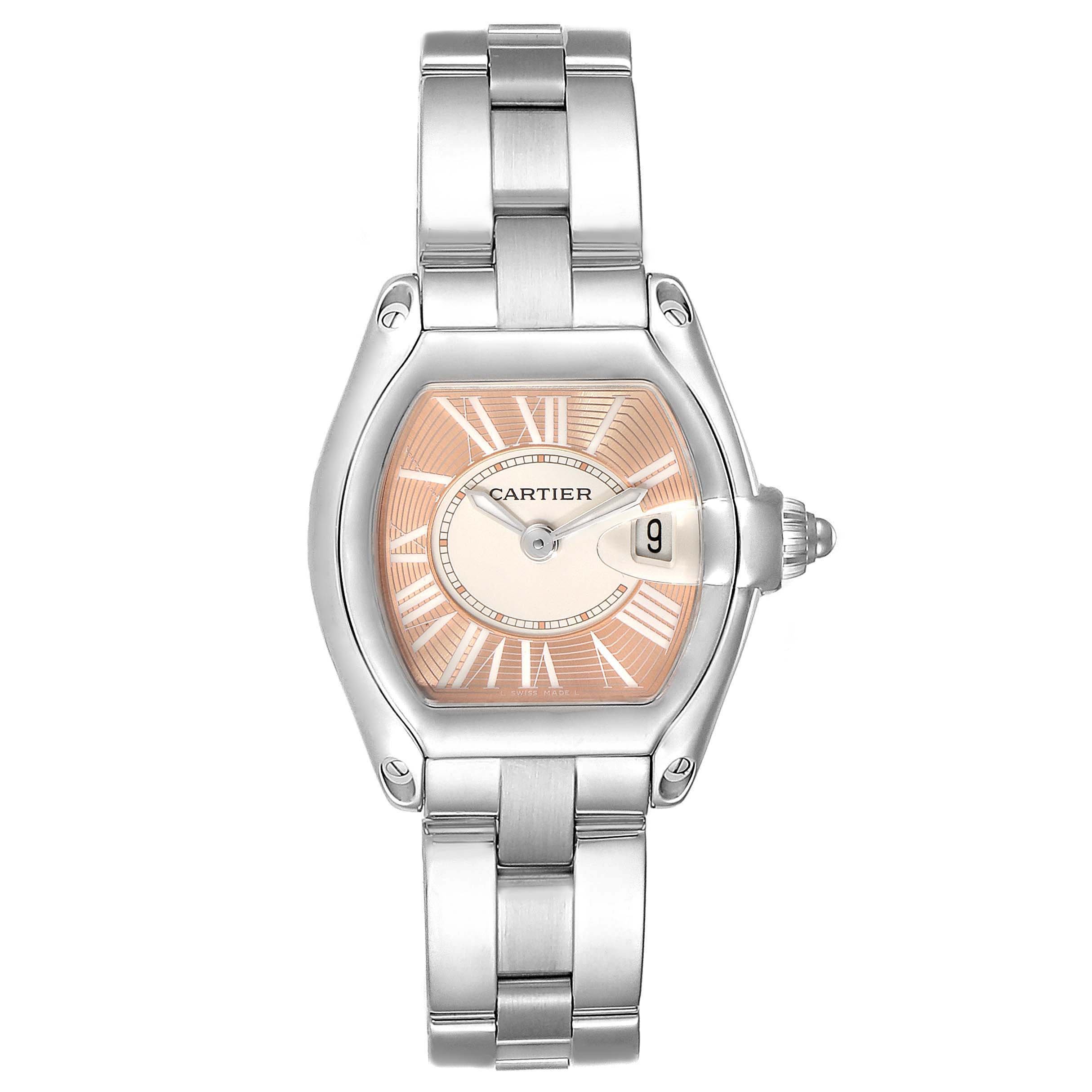 The image shows a front view of the Cartier Roadster W62054V3 Women
s Stainless Steel Pink Dial W62054V3 Women
s Stainless Steel Pink Dial watch, displaying its face, dial, numbers, and stainless steel strap.