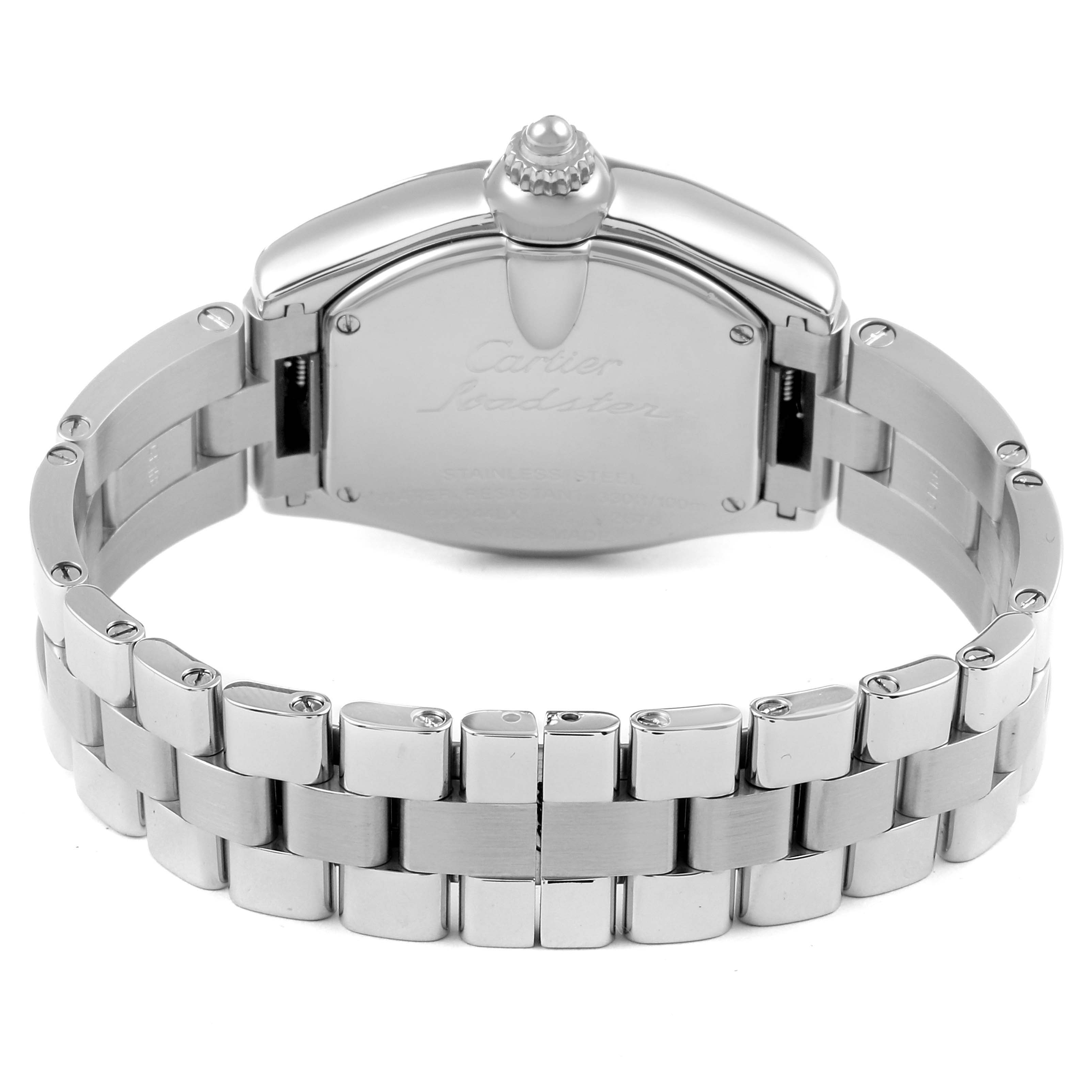 The image shows the back and bracelet of the Cartier Roadster W62054V3 Women
s Stainless Steel Pink Dial W62054V3 Women
s Stainless Steel Pink Dial watch from a rear angle.