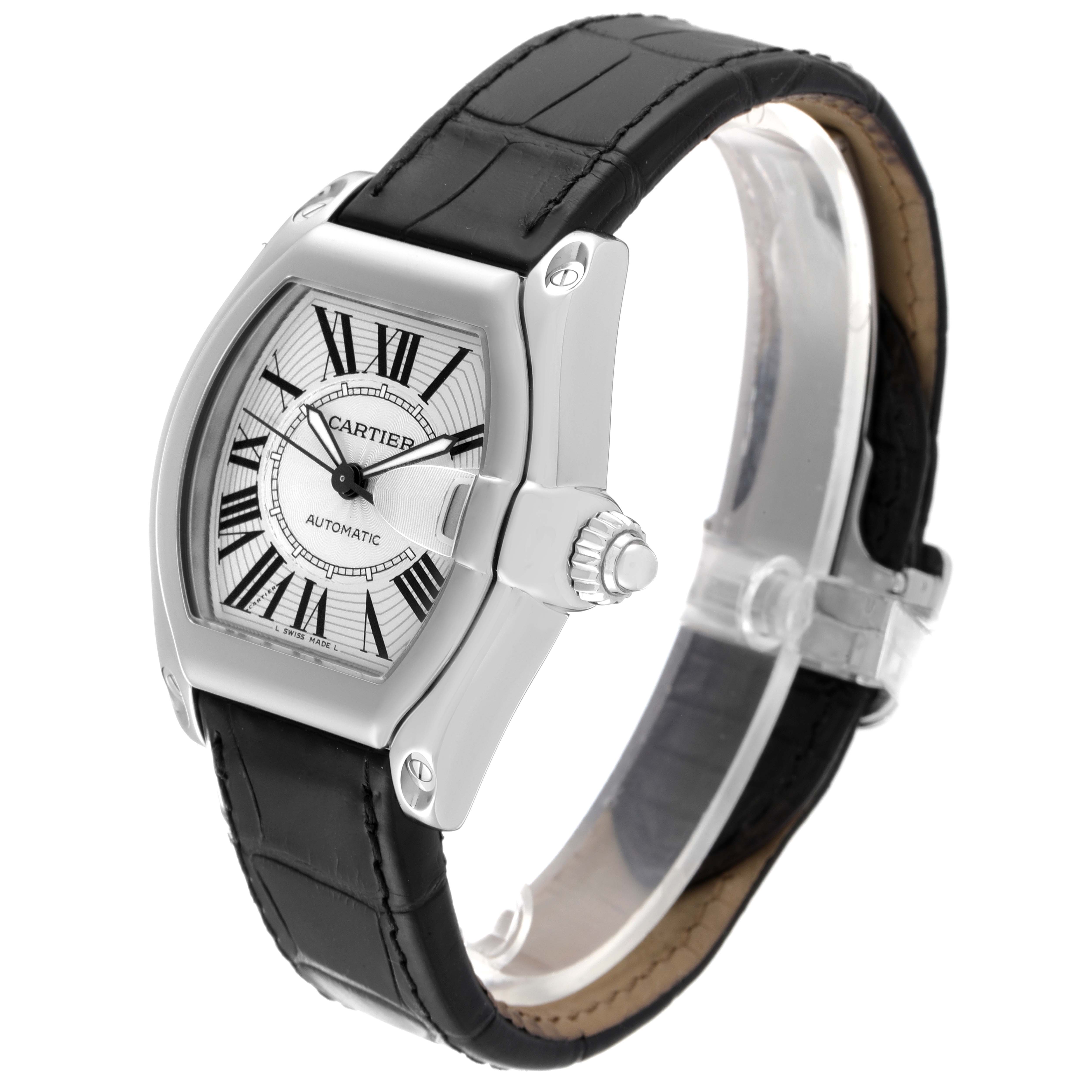 The image shows a Cartier Roadster W62025V3 Men
s Stainless Steel Silver Dial W62025V3 Men
s Stainless Steel Silver Dial watch at a three-quarter angle, highlighting the dial, case, strap, and crown.