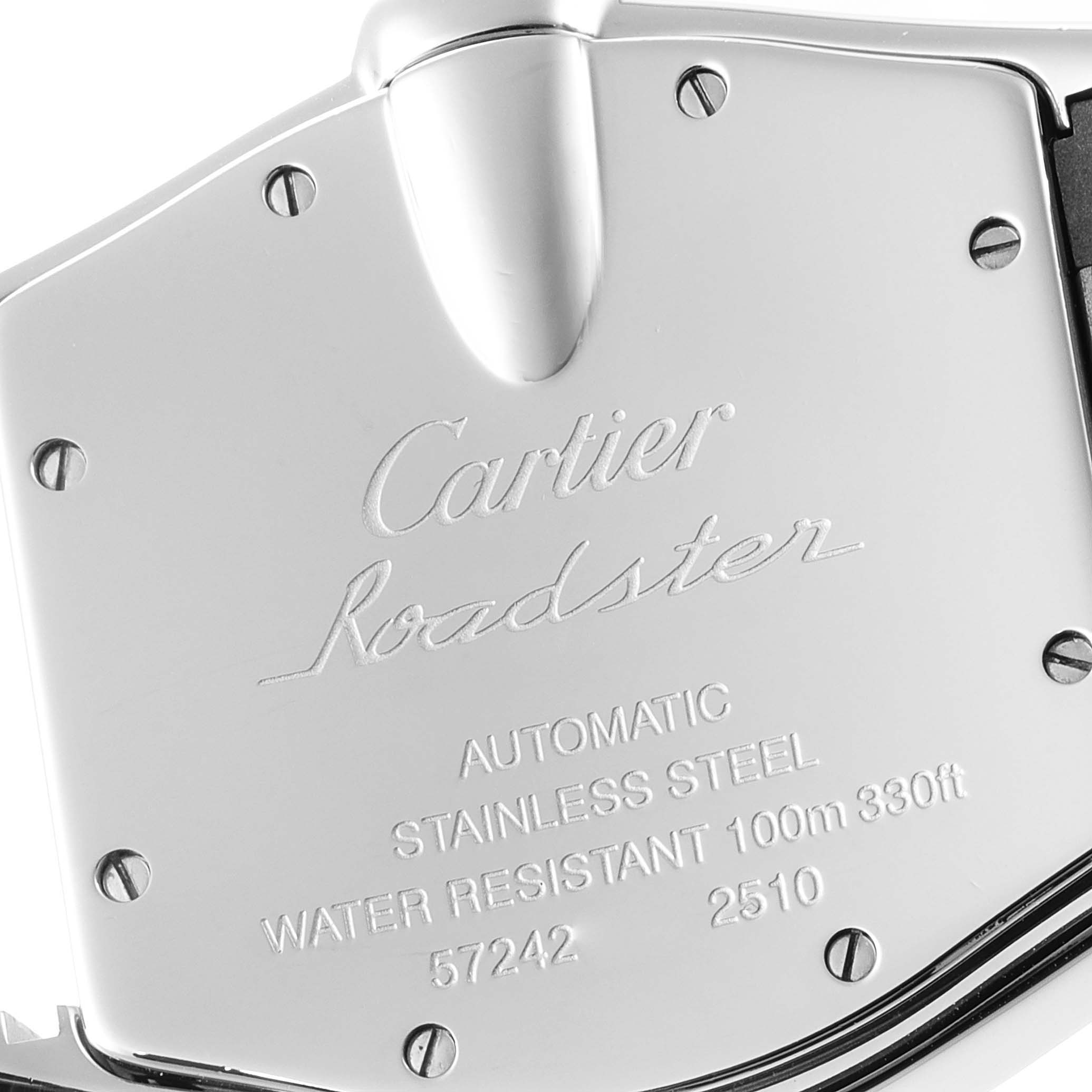 The image shows the back of a Cartier Roadster W62025V3 Men
s Stainless Steel Silver Dial W62025V3 Men
s Stainless Steel Silver Dial watch, highlighting its stainless steel case and engraved specifications.