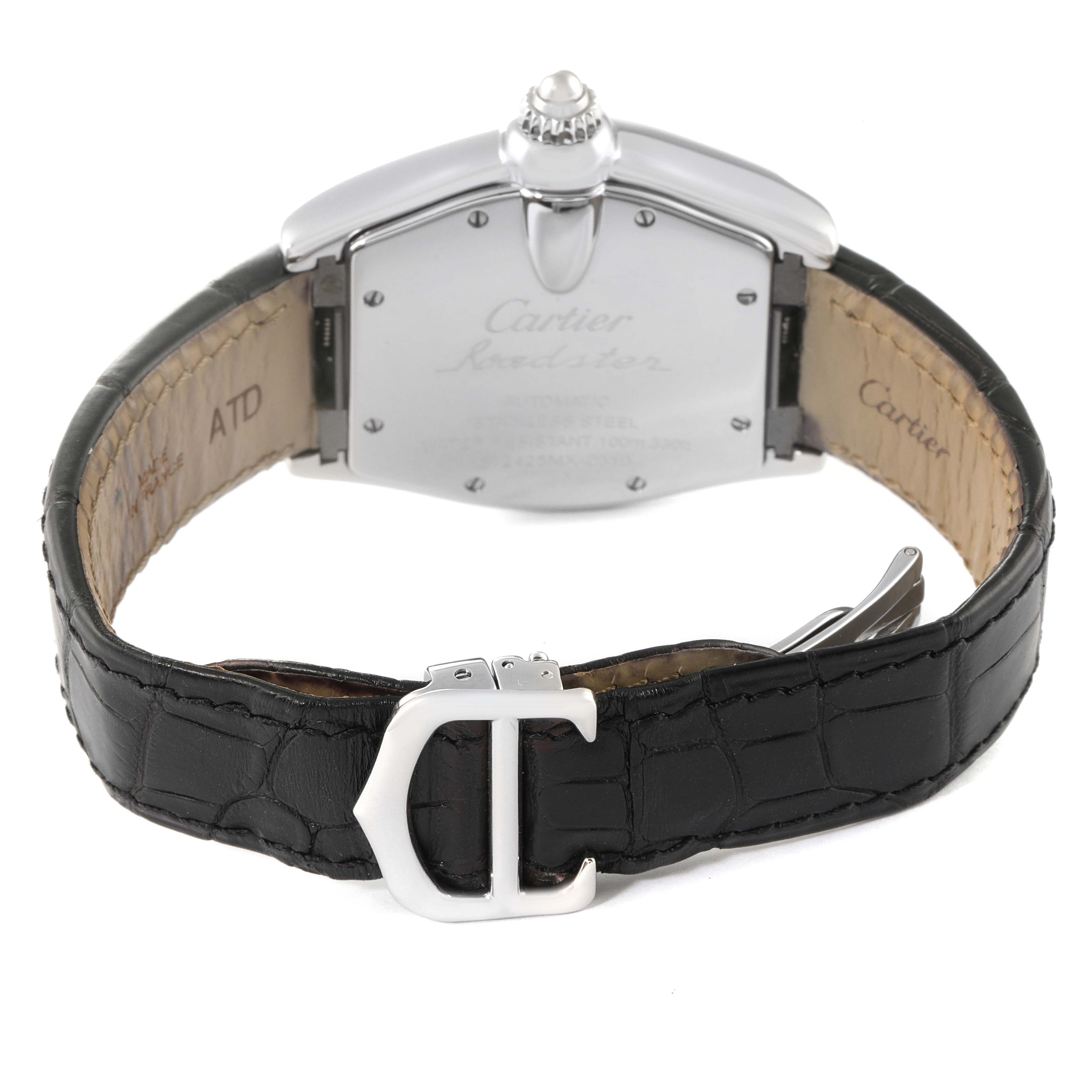 The image shows the back of the Cartier Roadster W62025V3 Men
s Stainless Steel Silver Dial W62025V3 Men
s Stainless Steel Silver Dial watch, displaying its clasp and leather strap.