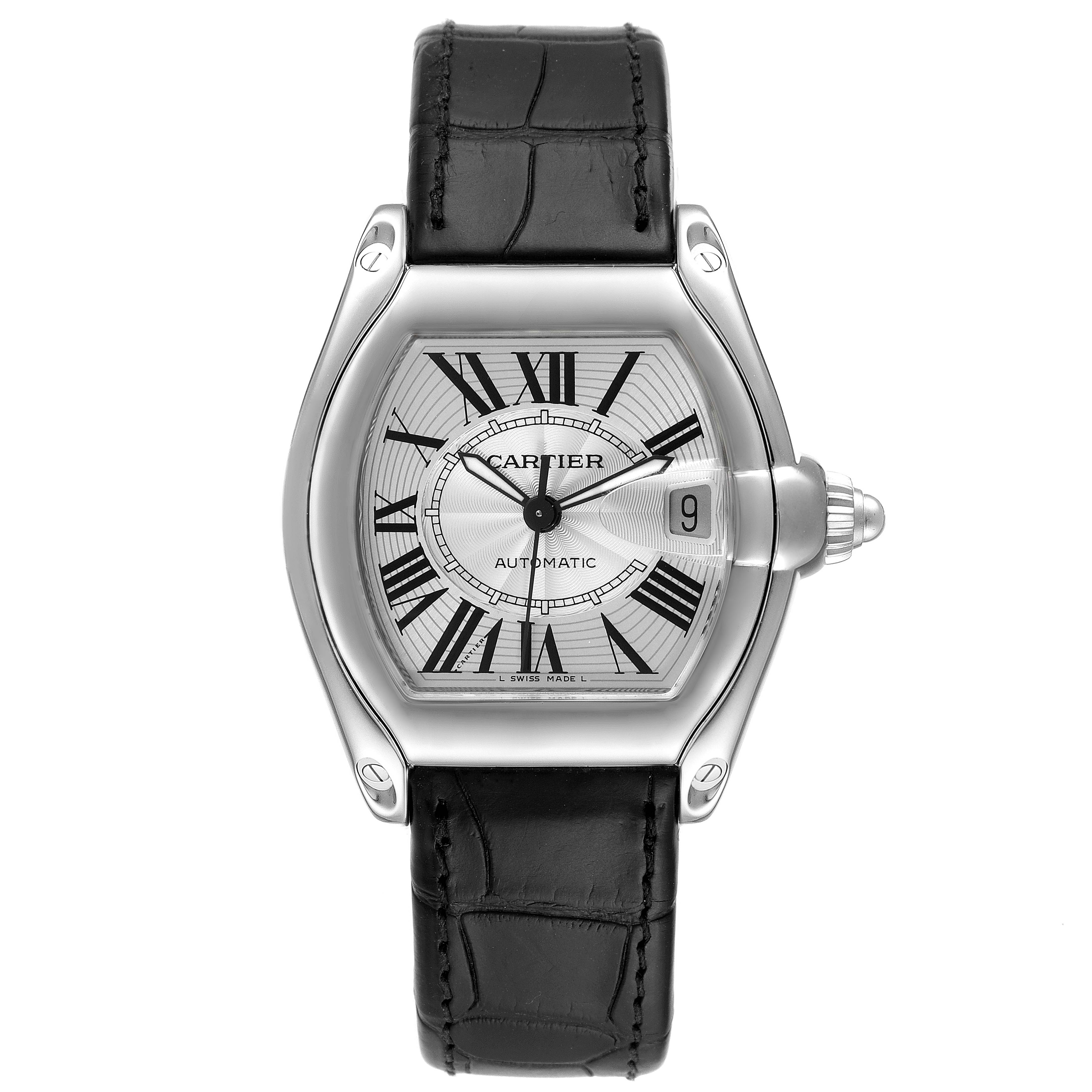 The Cartier Roadster W62025V3 Men
s Stainless Steel Silver Dial W62025V3 Men
s Stainless Steel Silver Dial watch is shown from a top-down angle, highlighting its face, bezel, and leather strap.