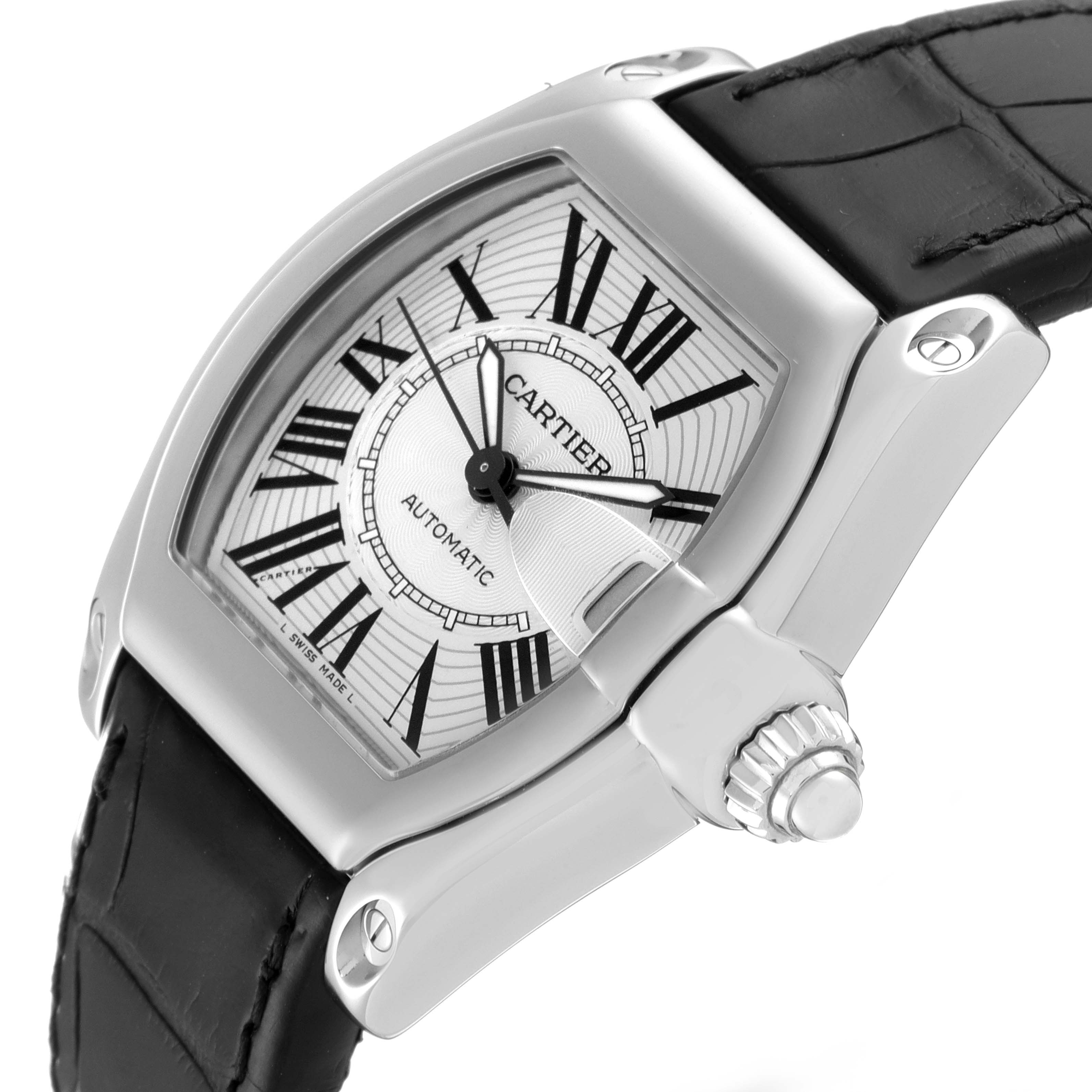 The Cartier Roadster W62025V3 Men
s Stainless Steel Silver Dial W62025V3 Men
s Stainless Steel Silver Dial watch is shown at an angled view, highlighting its silver dial, black Roman numerals, and black leather strap.