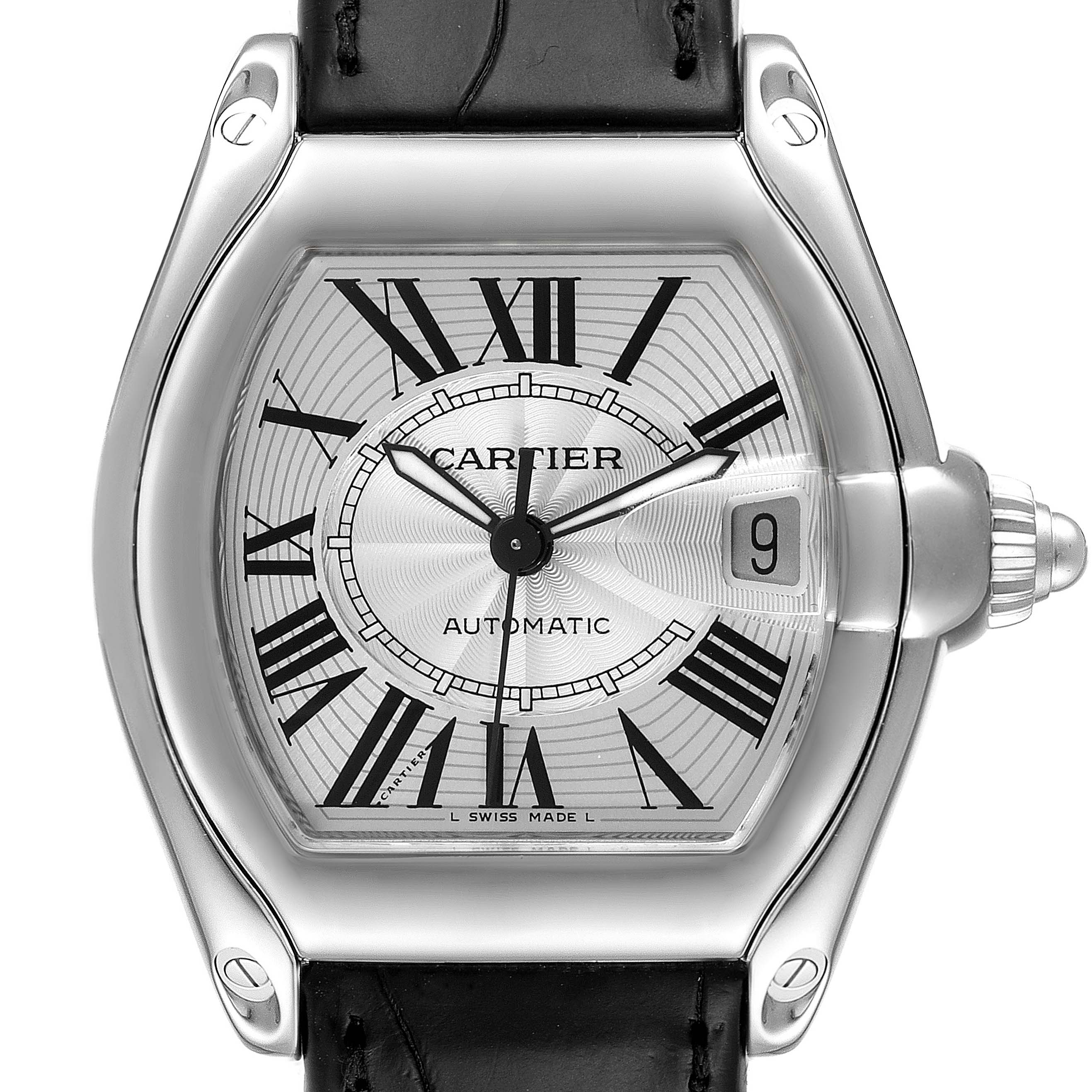 The image shows a front view of the Cartier Roadster W62025V3 Men
s Stainless Steel Silver Dial W62025V3 Men
s Stainless Steel Silver Dial watch, highlighting its face, case, and part of the strap.