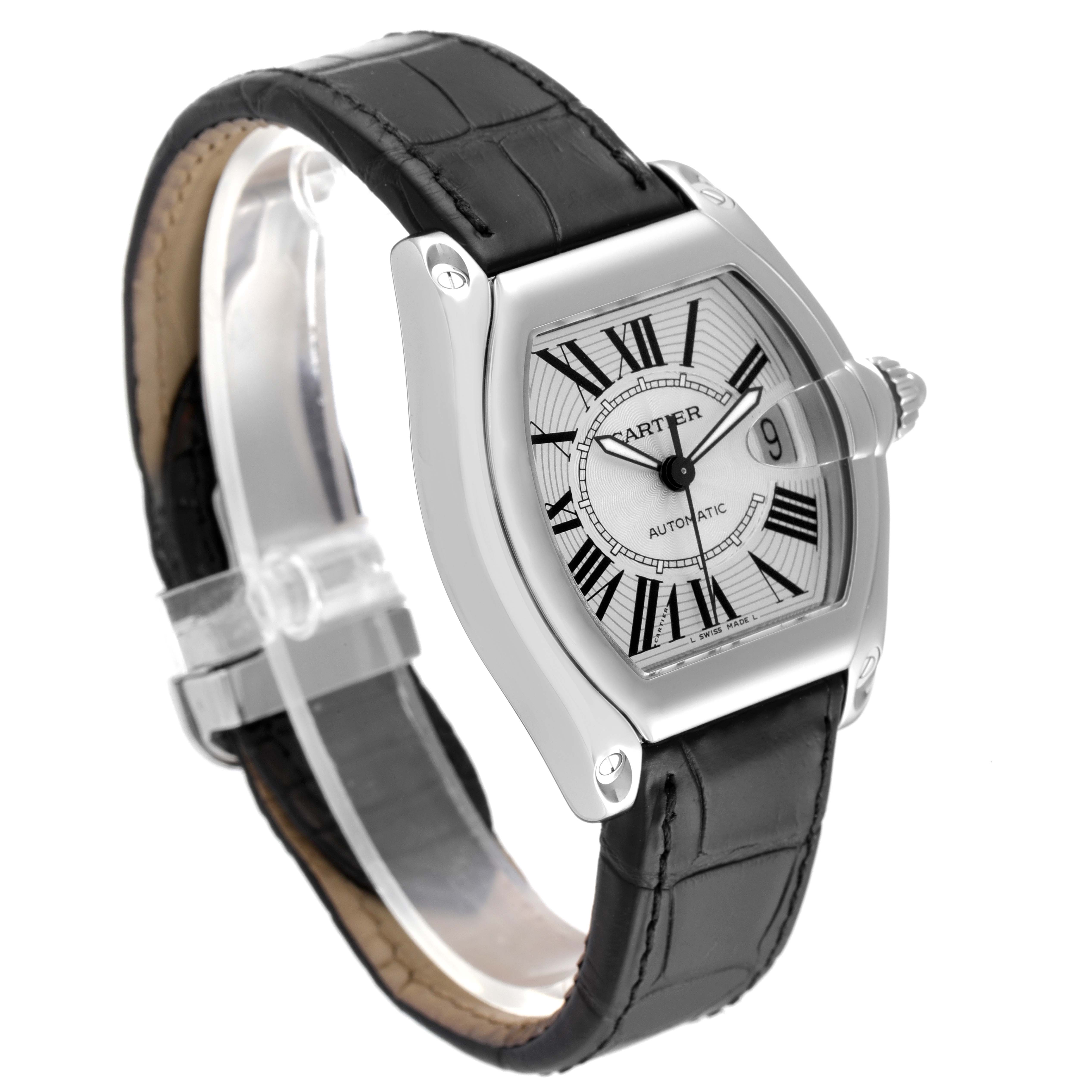 This image shows a Cartier Roadster W62025V3 Men
s Stainless Steel Silver Dial W62025V3 Men
s Stainless Steel Silver Dial watch from a 3/4 angle, highlighting its face, case, and black leather strap.