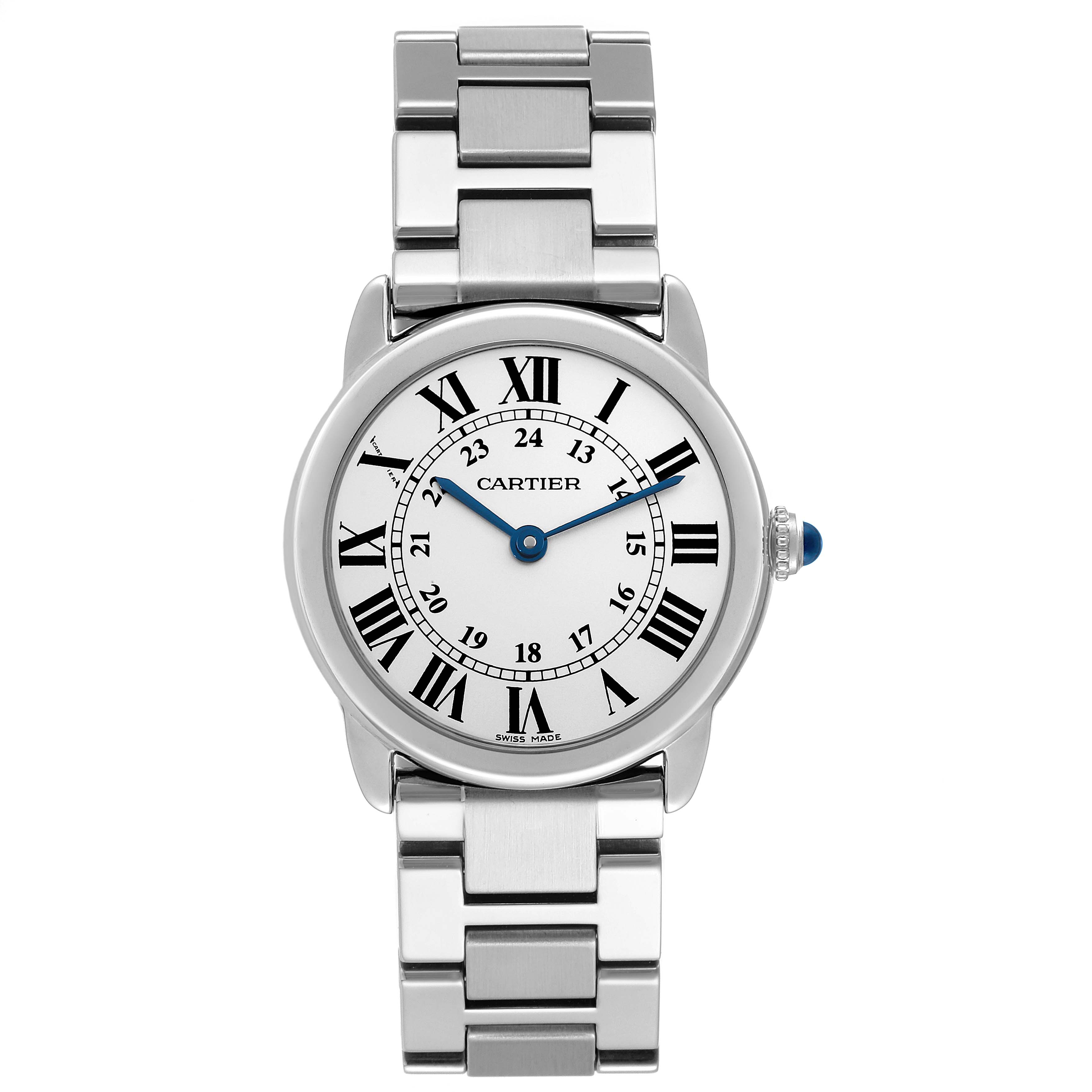 The image shows a front view of a Cartier Ronde W6701004 Women's Stainless Steel Silver Dial W6701004 Women's Stainless Steel Silver Dial watch with a metal bracelet and Roman numeral dial.