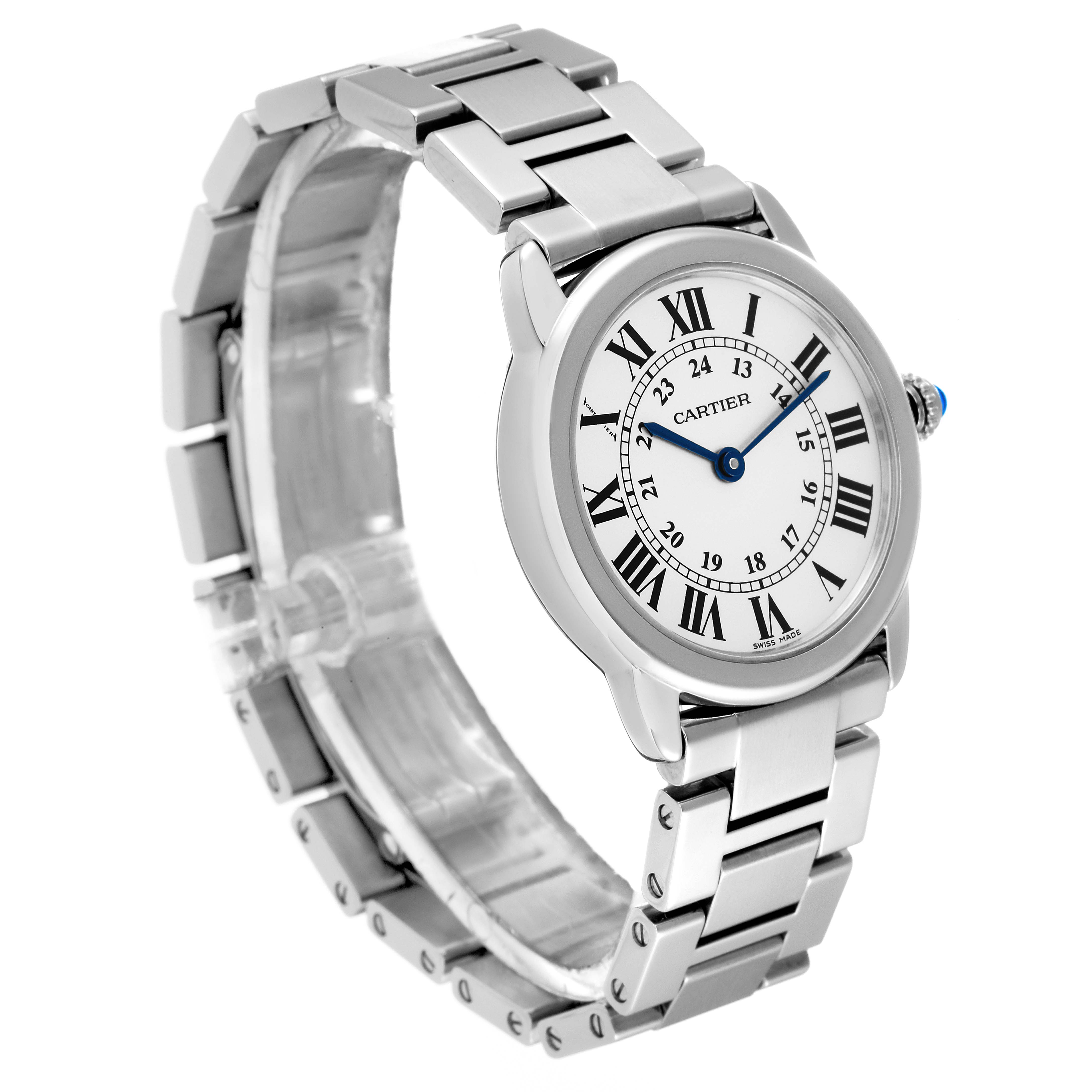 This Cartier Ronde W6701004 Women's Stainless Steel Silver Dial W6701004 Women's Stainless Steel Silver Dial watch is shown at a three-quarter angle, featuring a stainless steel bracelet and a white dial with Roman numerals.