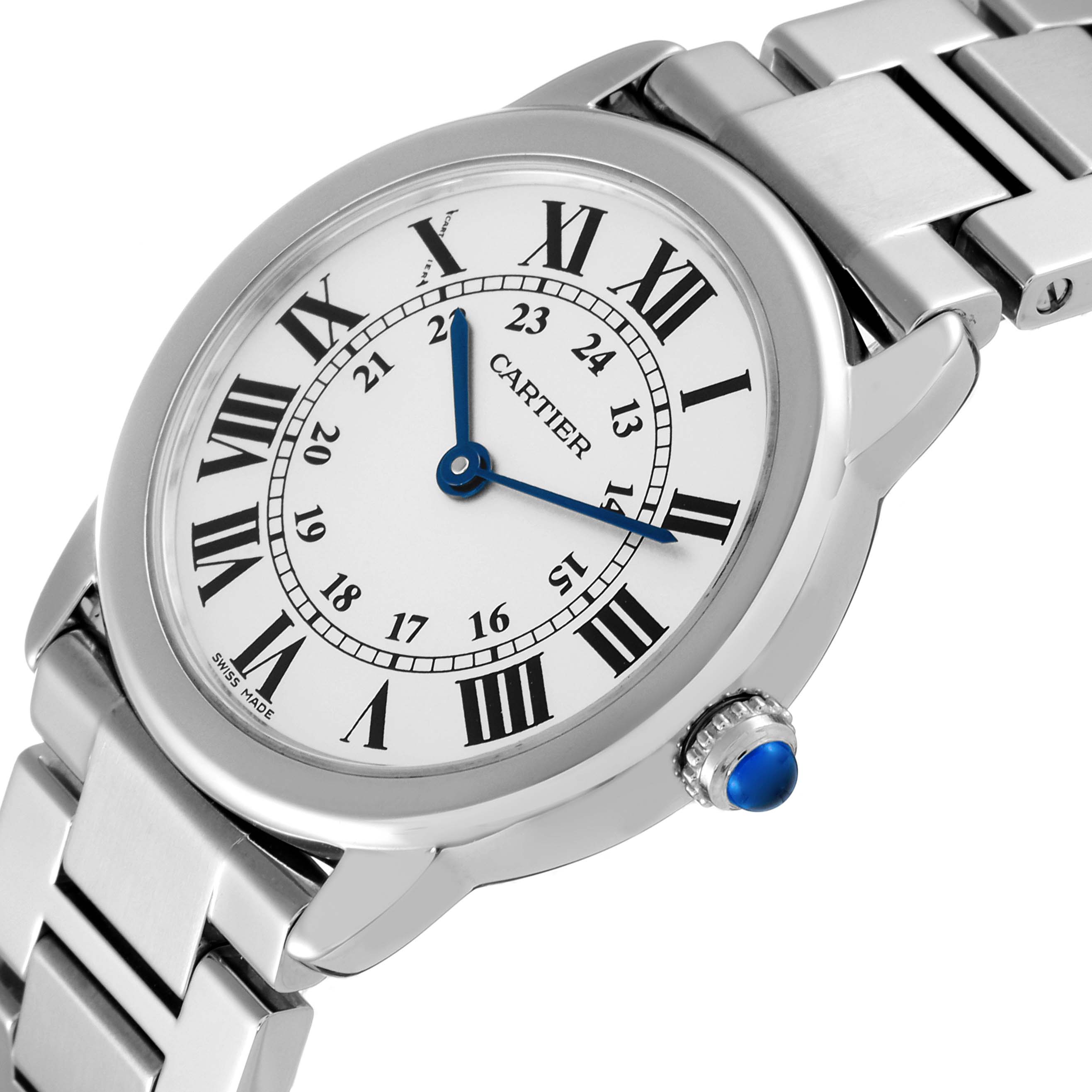 The image shows a Cartier Ronde W6701004 Women's Stainless Steel Silver Dial W6701004 Women's Stainless Steel Silver Dial watch, angled slightly from the front, highlighting its dial, crown, and metal bracelet.