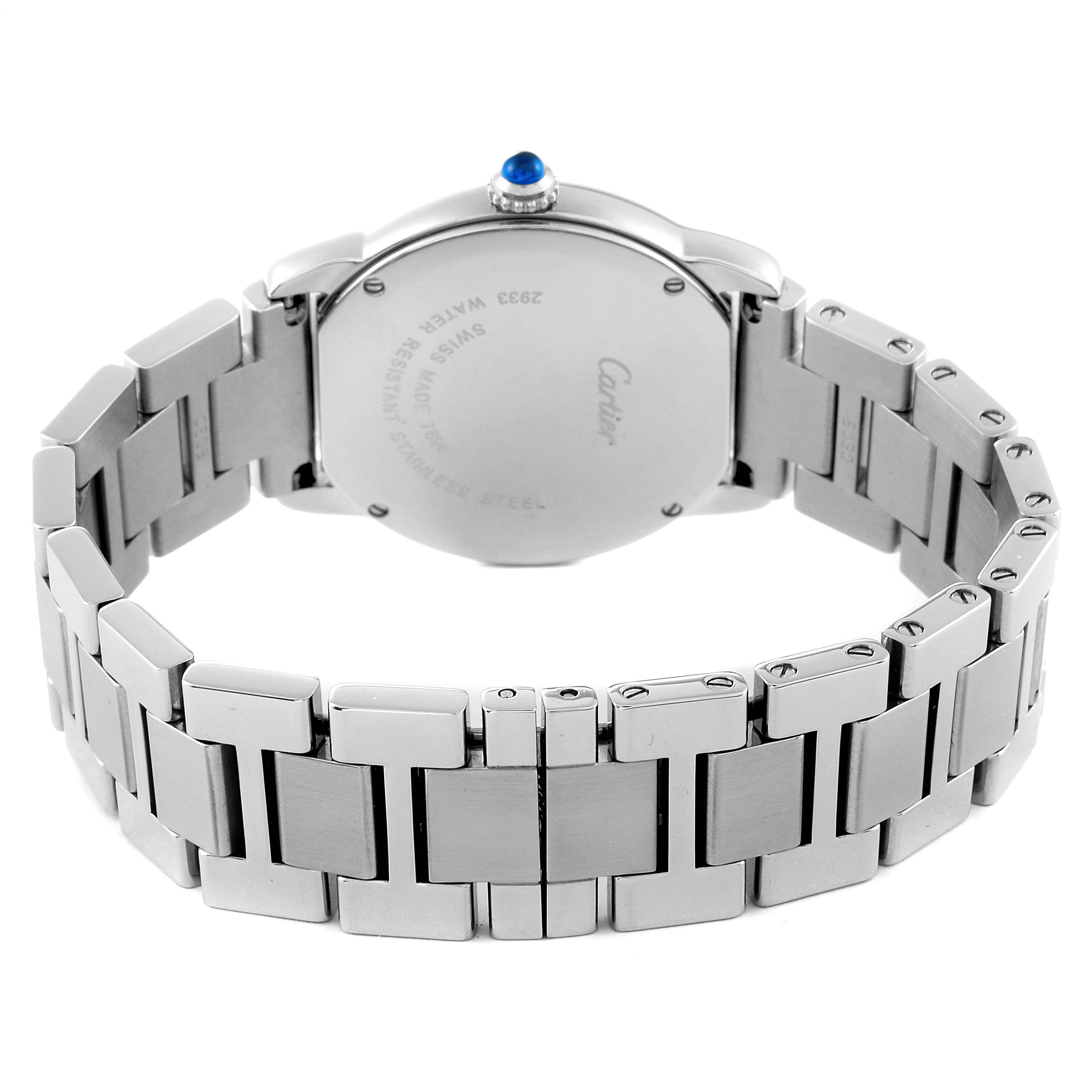 The image shows the back view of a Cartier Ronde W6701004 Women's Stainless Steel Silver Dial W6701004 Women's Stainless Steel Silver Dial watch, highlighting the case back and stainless steel bracelet.