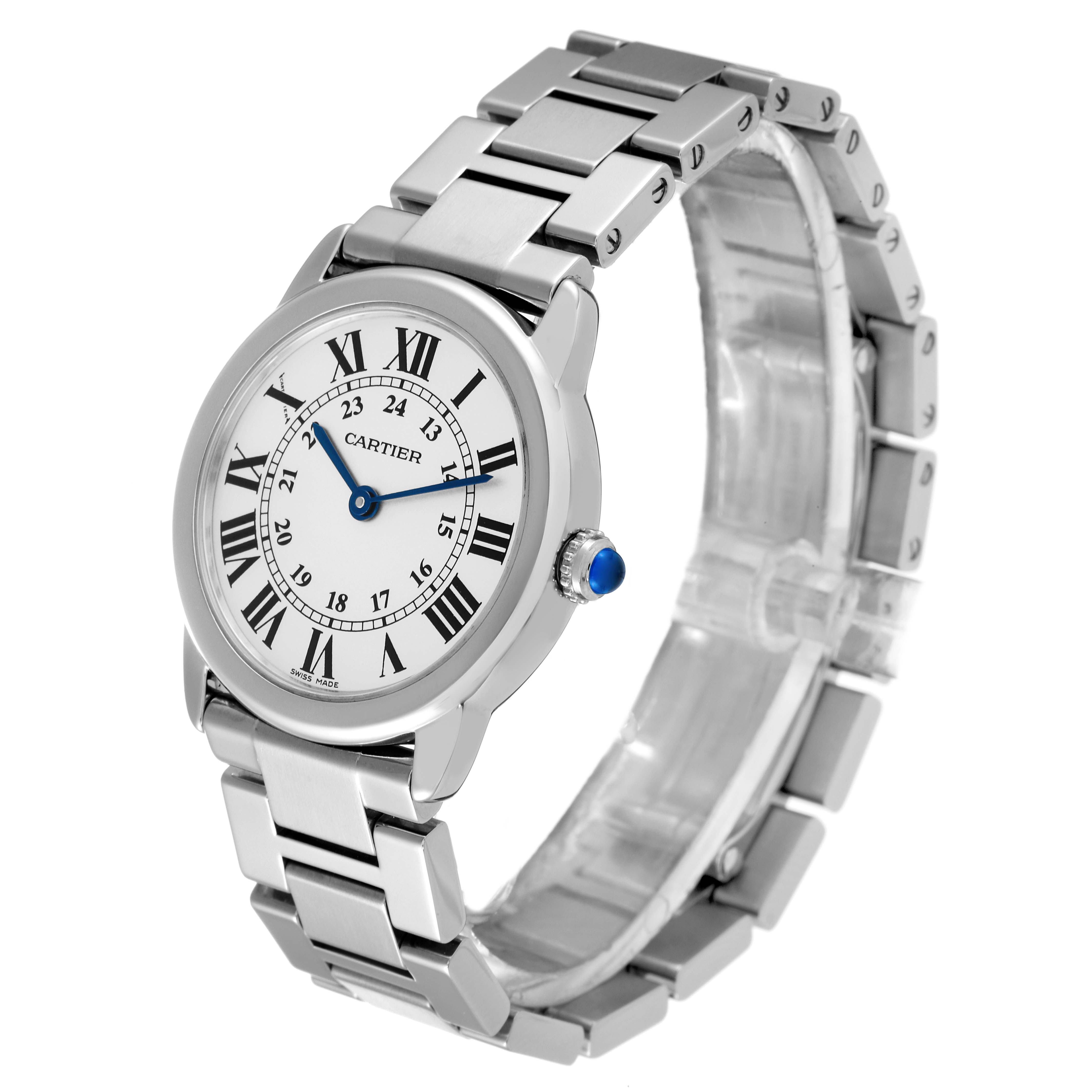 The image shows a three-quarter angle view of a Cartier Ronde W6701004 Women's Stainless Steel Silver Dial W6701004 Women's Stainless Steel Silver Dial watch, highlighting its face, crown, and metal bracelet.