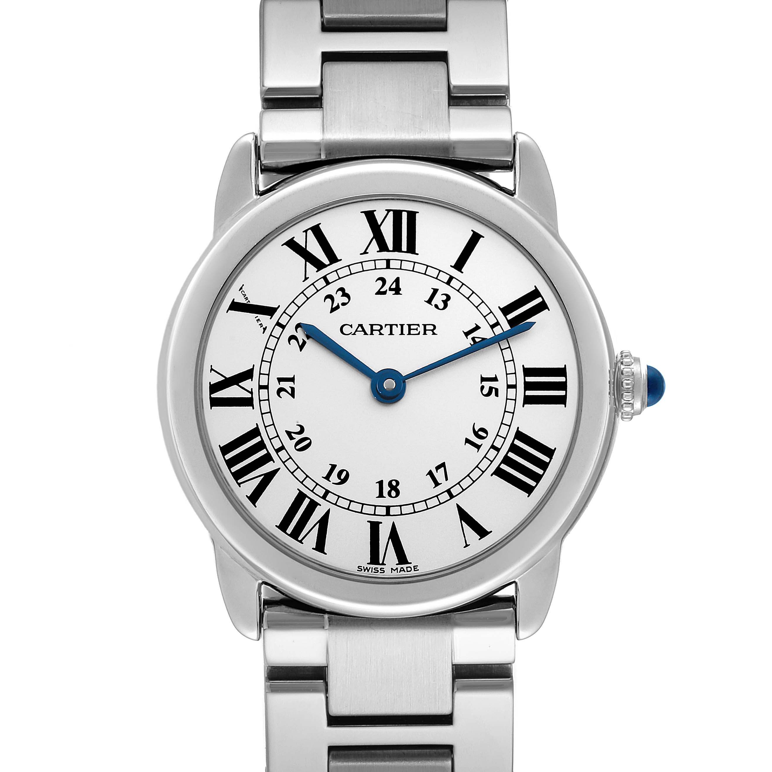 This image shows a front view of the Cartier Ronde W6701004 Women's Stainless Steel Silver Dial W6701004 Women's Stainless Steel Silver Dial model watch, featuring its dial, hands, bracelet, and crown.