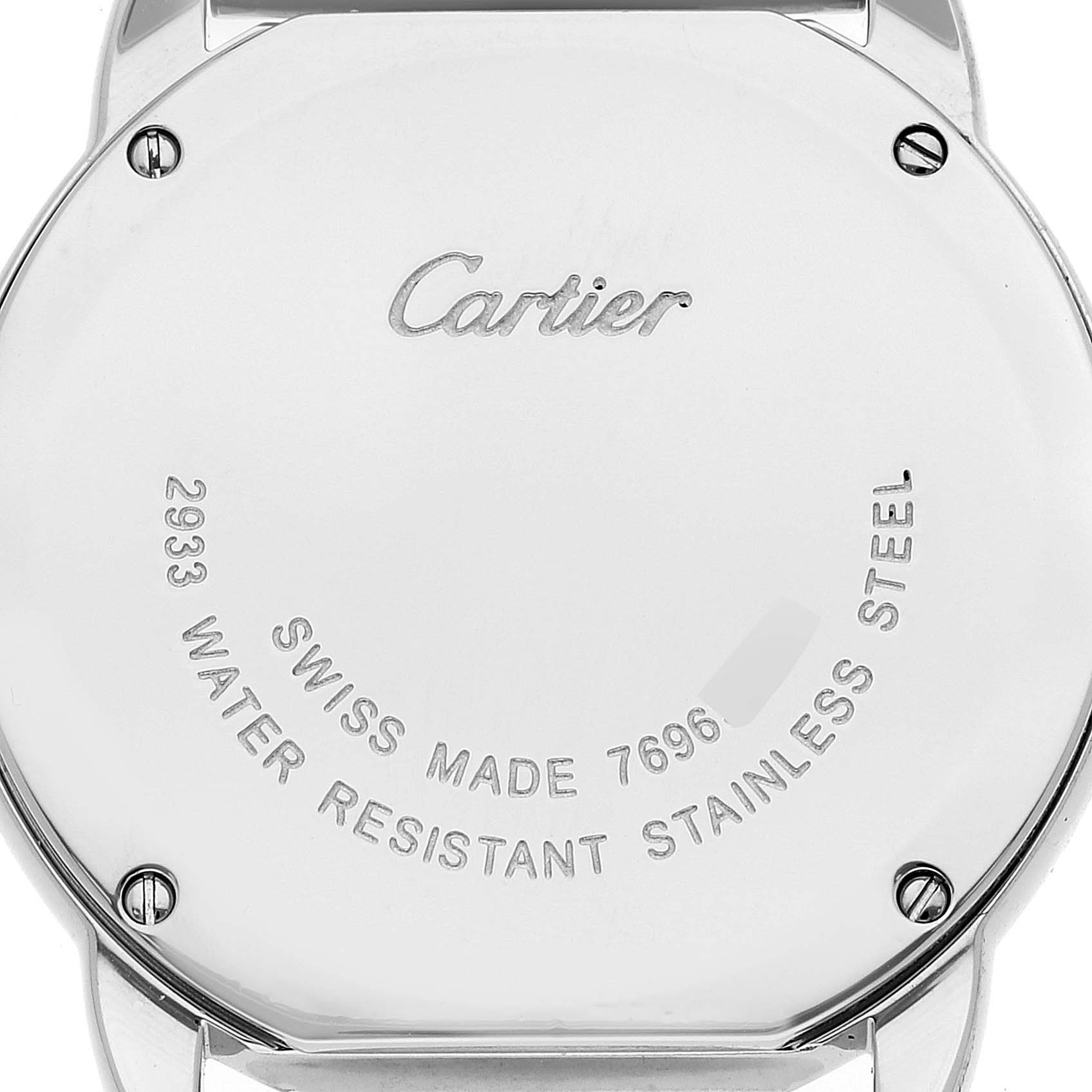 The image shows the back case of a Cartier Ronde W6701004 Women's Stainless Steel Silver Dial W6701004 Women's Stainless Steel Silver Dial watch, displaying engraving details.