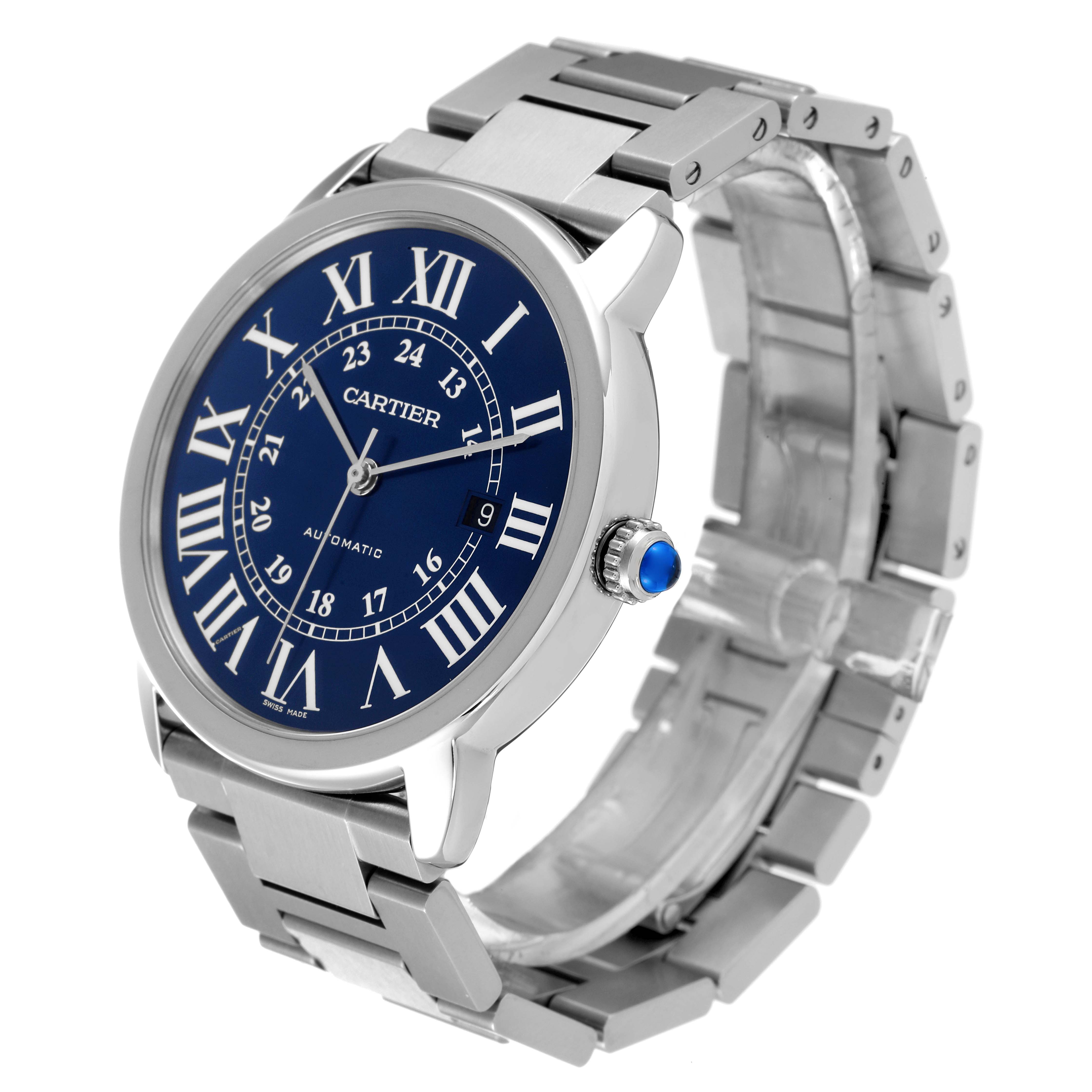 The image shows a Ronde model Cartier watch from a front angled view, featuring its blue face, Roman numerals, and metal bracelet.
