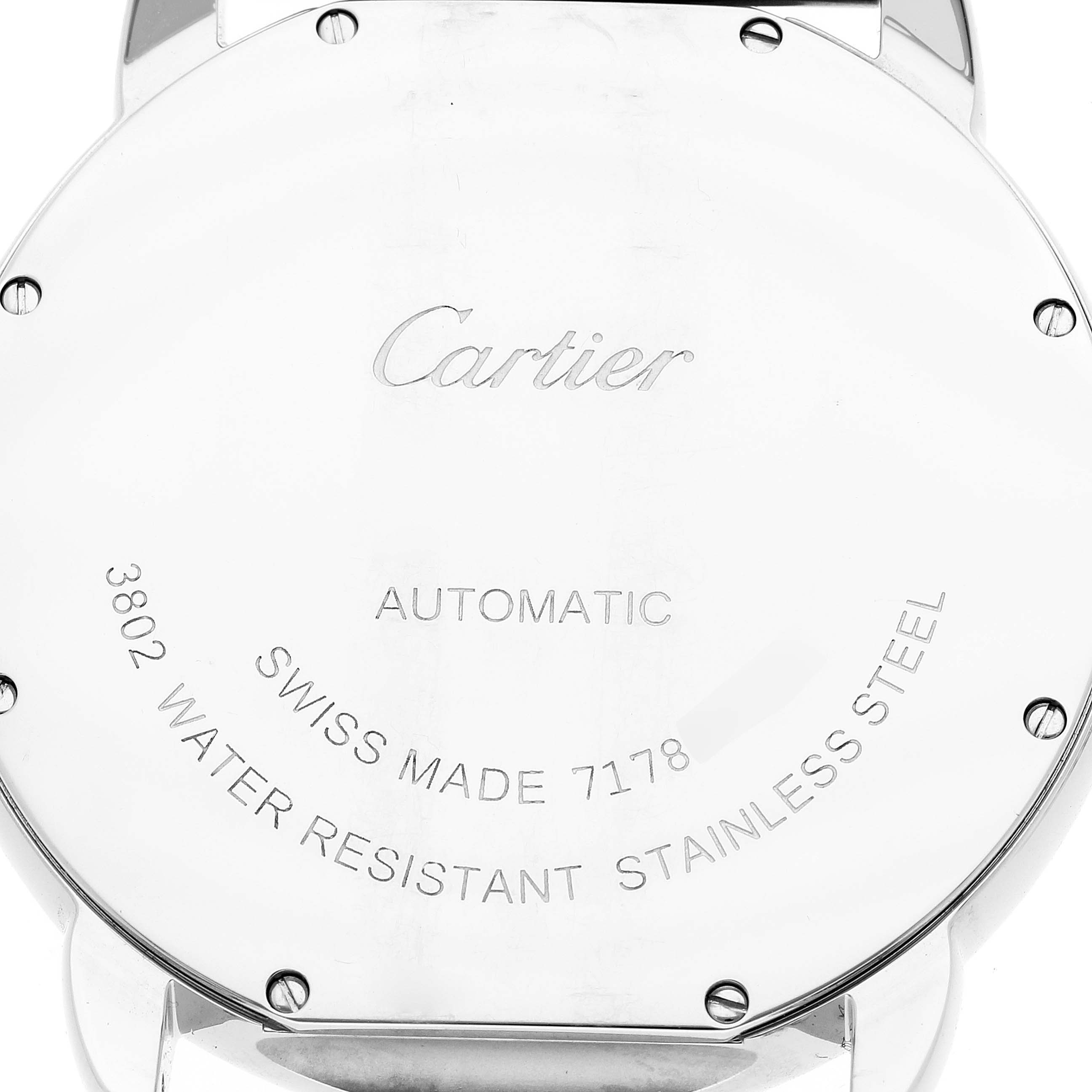 The image shows the back of the Cartier Ronde WSRN0023 Men
s Stainless Steel Blue Dial WSRN0023 Men
s Stainless Steel Blue Dial watch, detailing brand engraving and specifications.