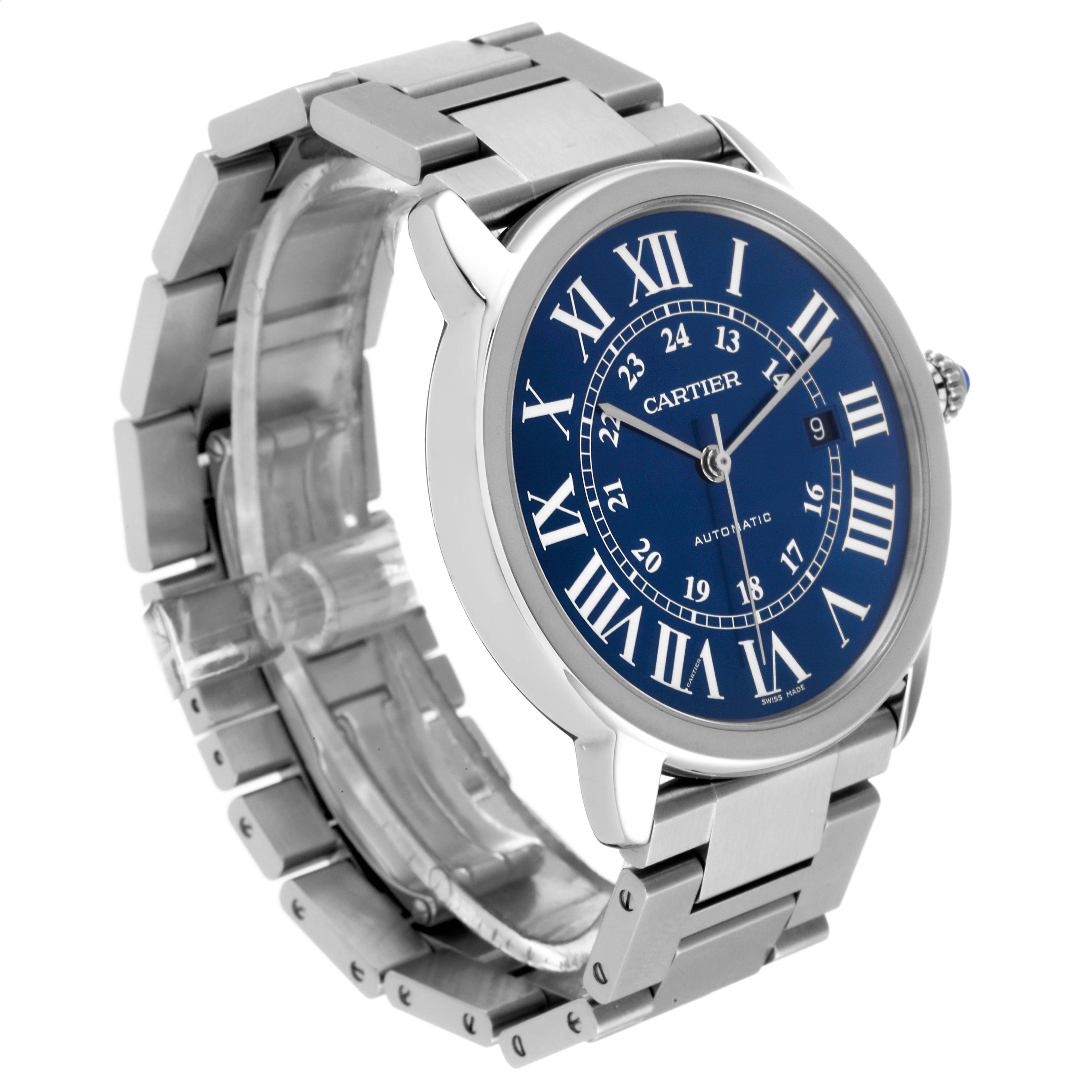 The image shows a Cartier Ronde WSRN0023 Men
s Stainless Steel Blue Dial WSRN0023 Men
s Stainless Steel Blue Dial model watch at a three-quarter angle with a blue dial and steel bracelet.