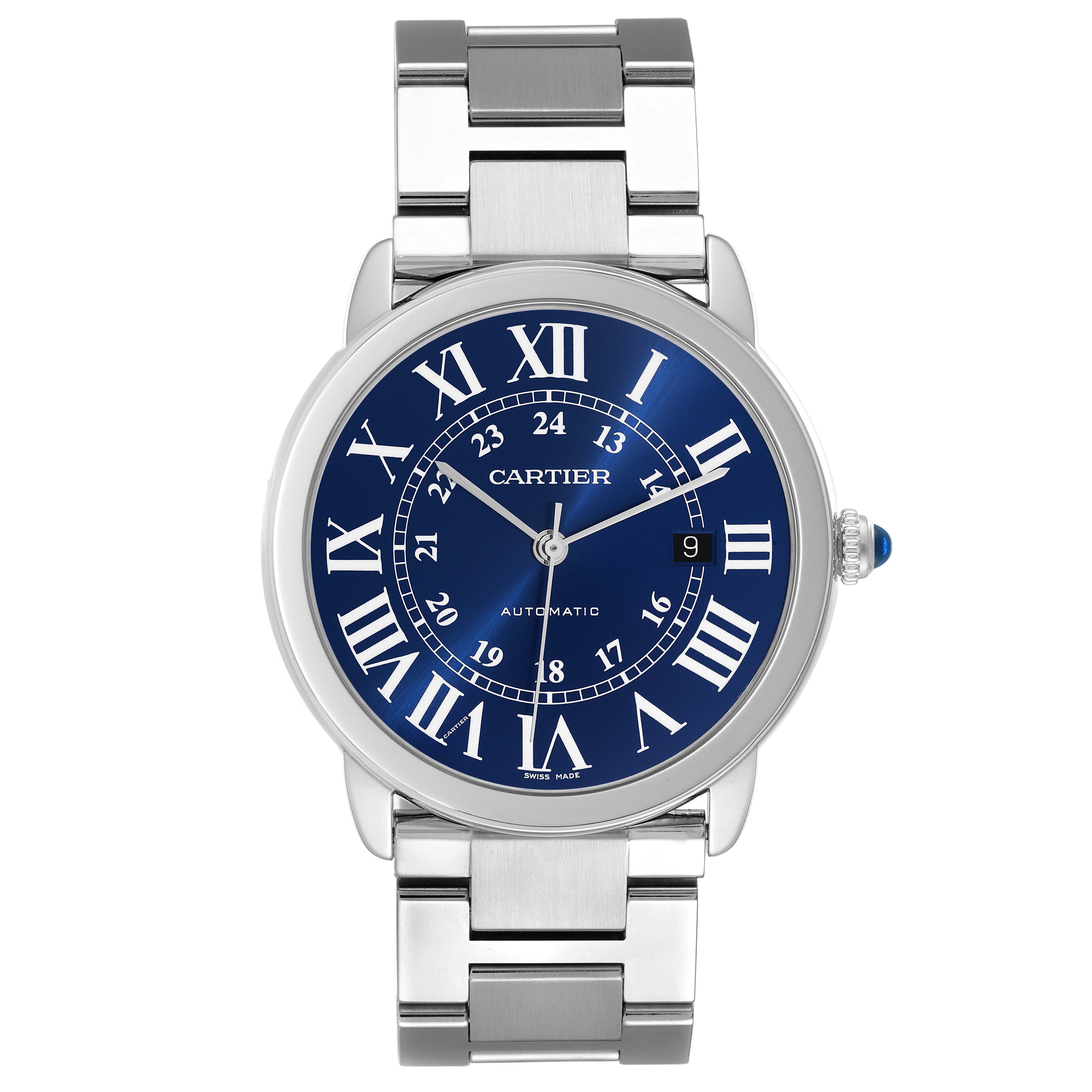 This image shows a front view of the Cartier Ronde WSRN0023 Men
s Stainless Steel Blue Dial WSRN0023 Men
s Stainless Steel Blue Dial model watch, highlighting its silver bracelet and blue dial with Roman numerals.