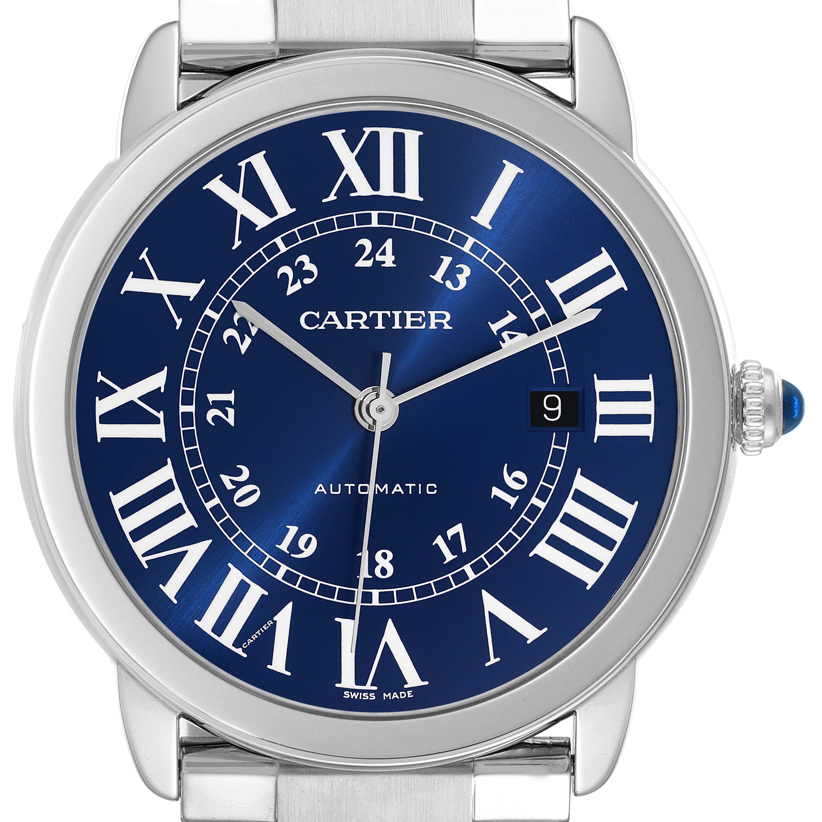 The image shows a frontal view of a Cartier Ronde WSRN0023 Men
s Stainless Steel Blue Dial WSRN0023 Men
s Stainless Steel Blue Dial model watch with a blue dial and Roman numerals.