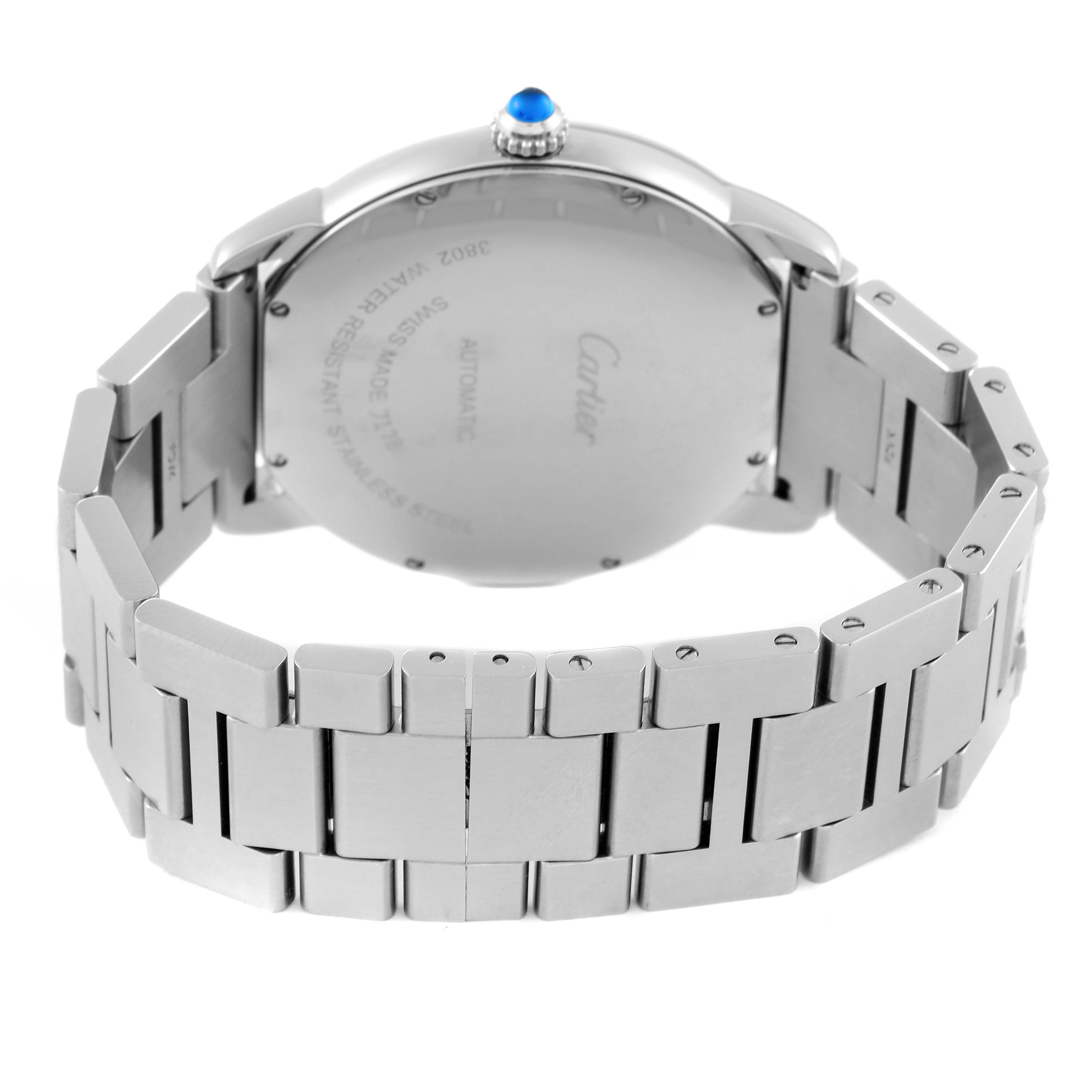 The image shows the back of the Cartier Ronde WSRN0023 Men
s Stainless Steel Blue Dial WSRN0023 Men
s Stainless Steel Blue Dial watch, including the stainless steel caseback and bracelet.